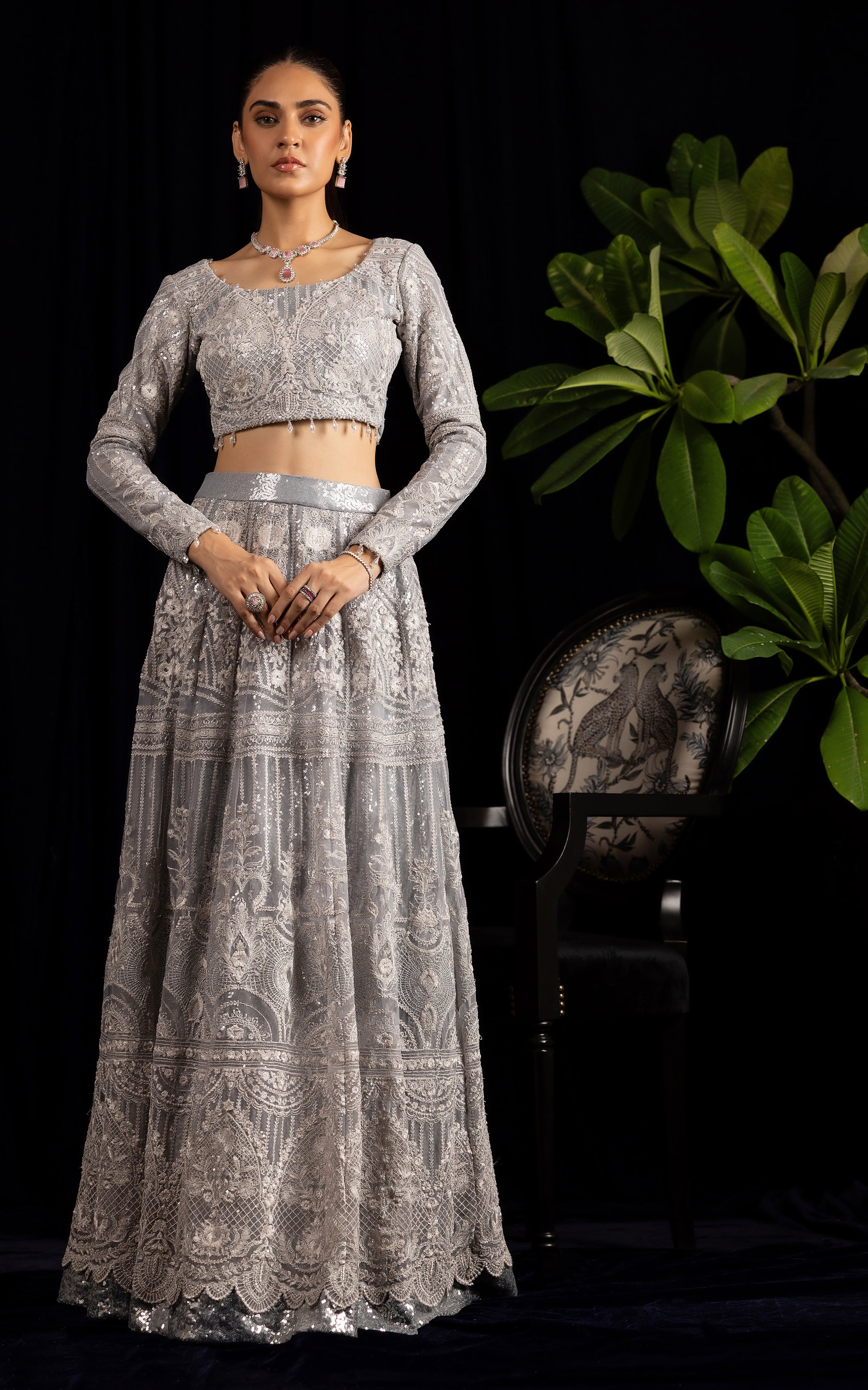 Net Embroidered Blouse With Embroidered Lehenga