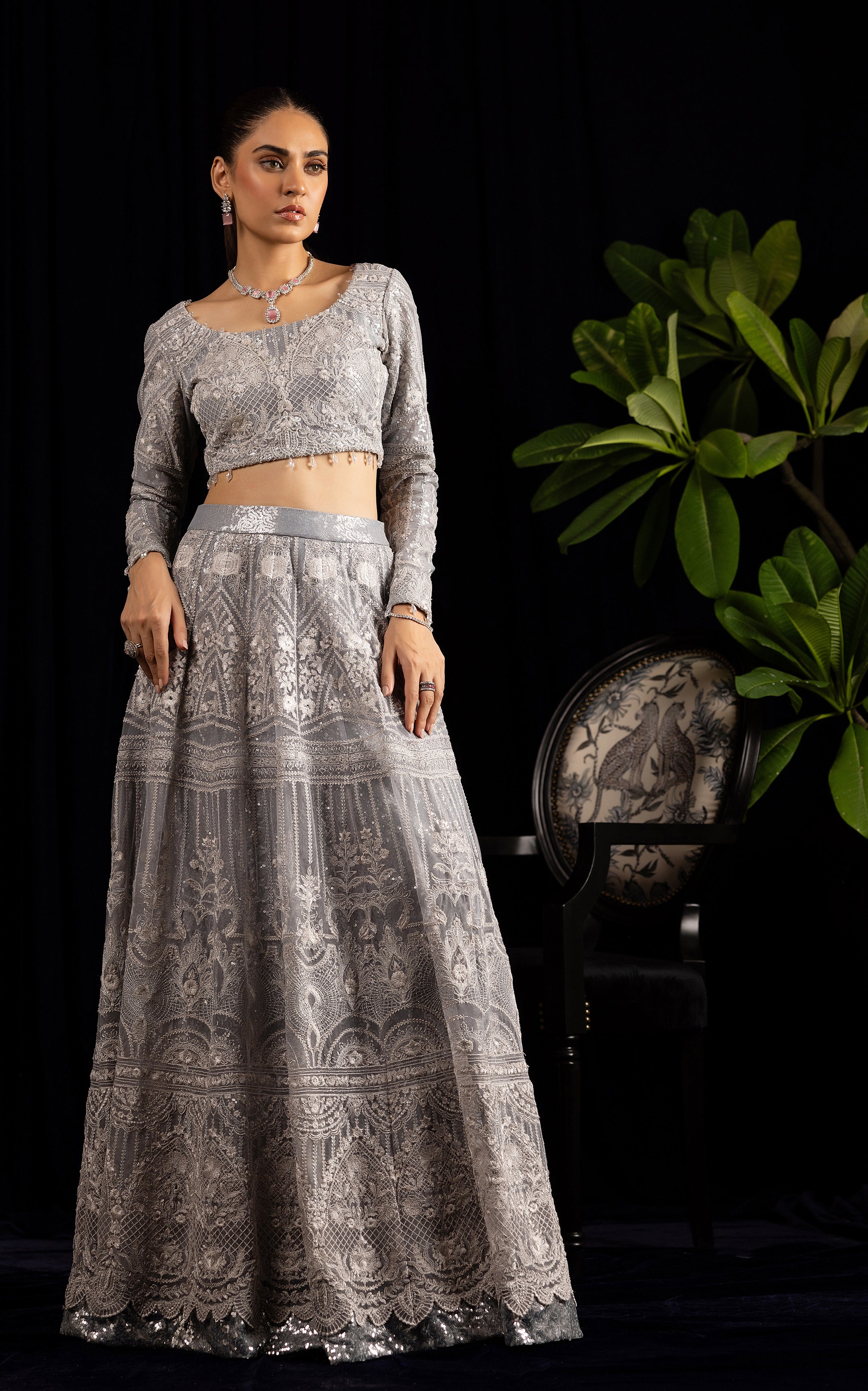 Net Embroidered Blouse With Embroidered Lehenga