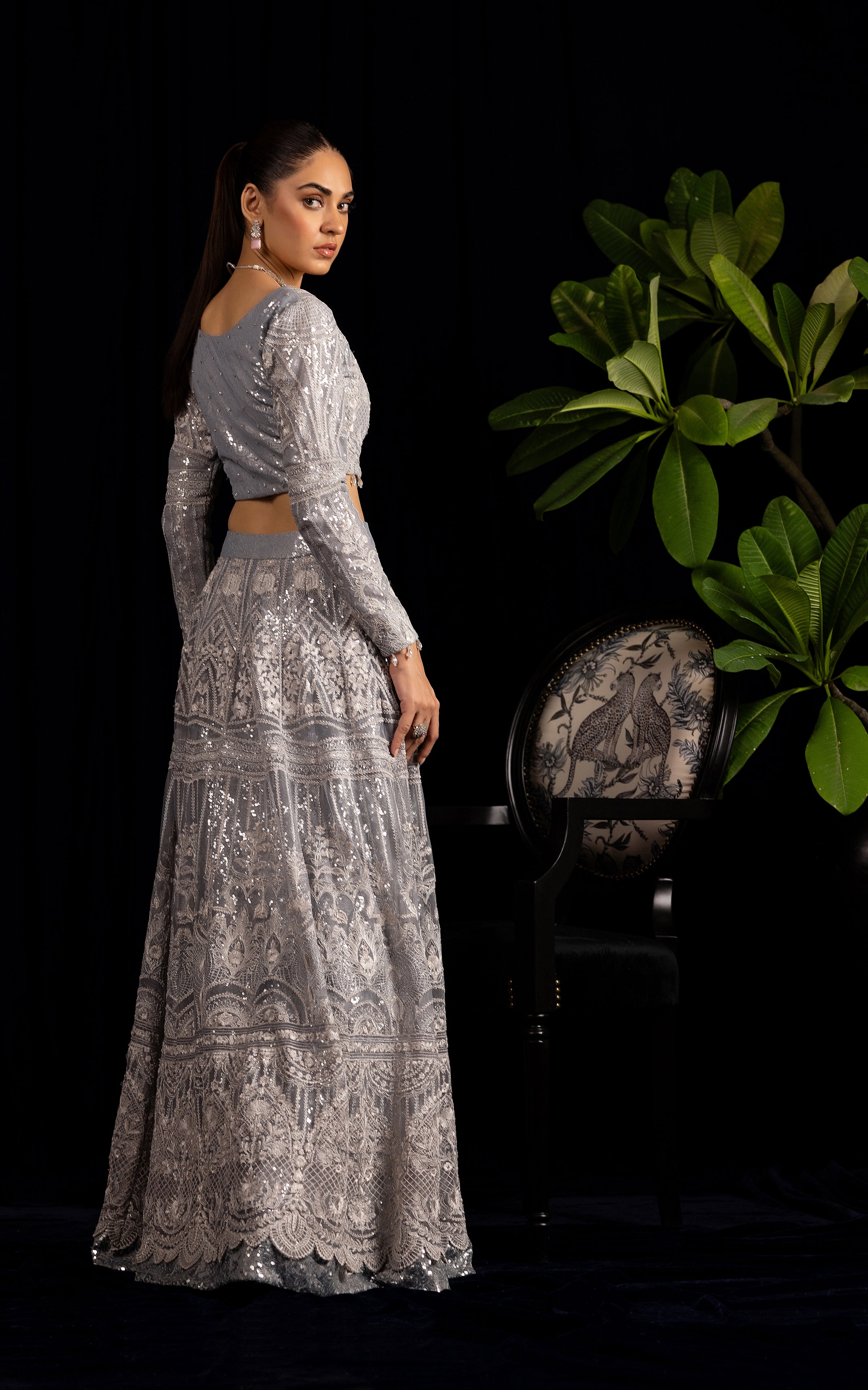 Net Embroidered Blouse With Embroidered Lehenga