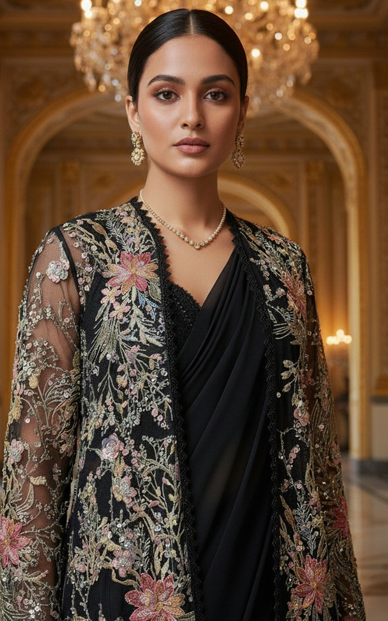 Net Embroidered Jacket With Chiffon Saree OFS