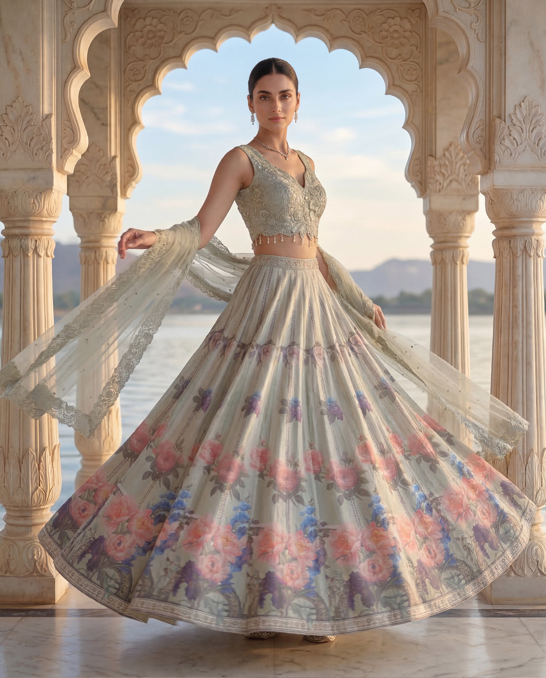 Unstitched Embroidered Blouse With Lehenga