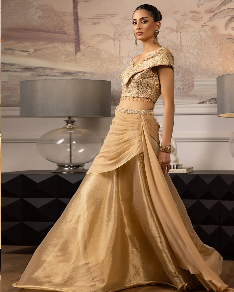Unstitched Embroidered Blouse With Skirt