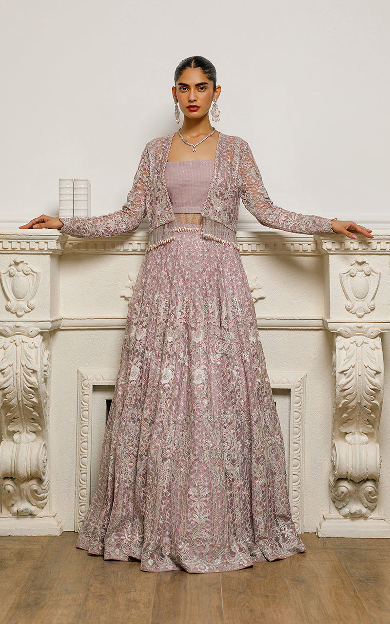 Net Embroidered Jacket With Lehenga