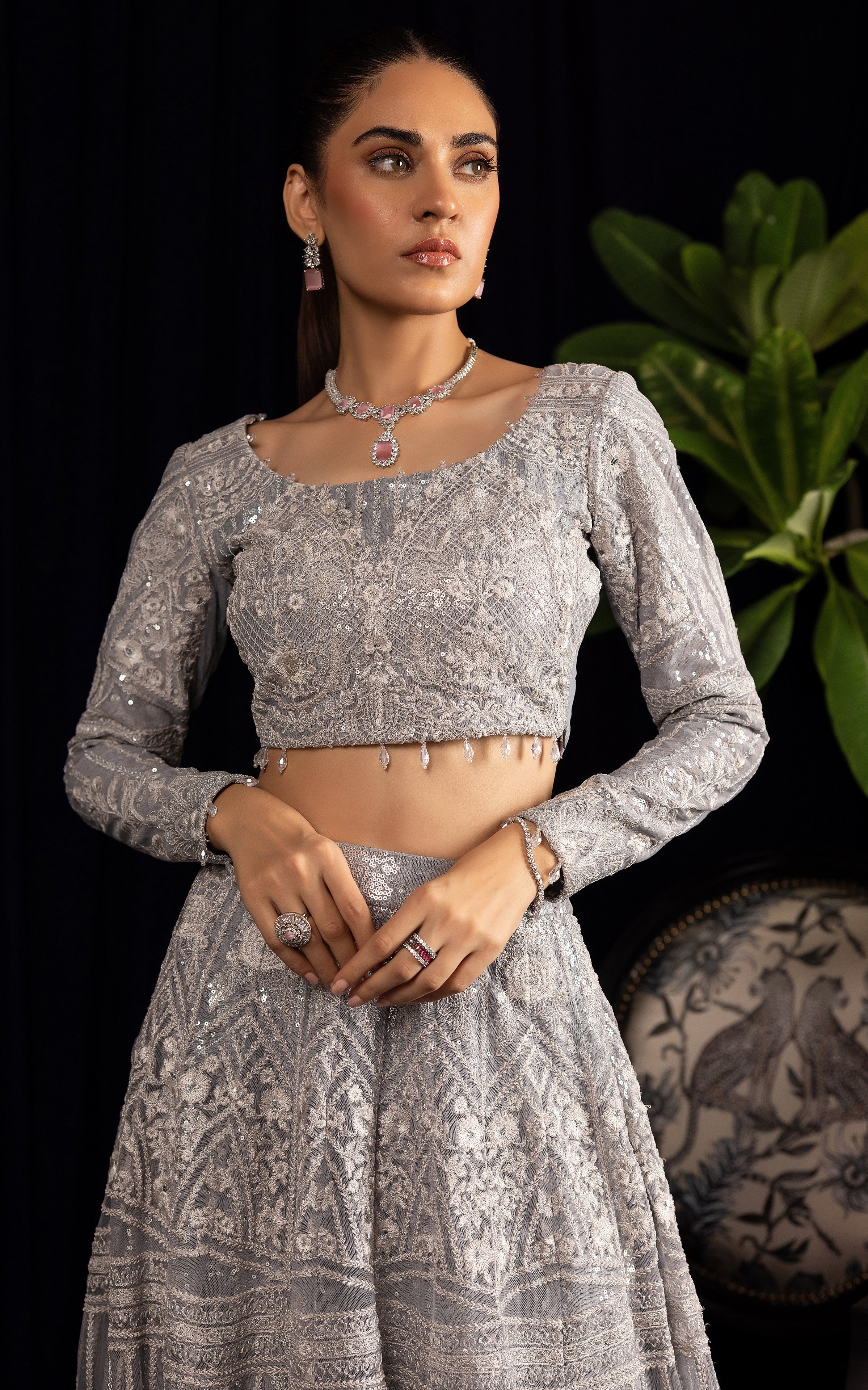 Net Embroidered Blouse With Embroidered Lehenga
