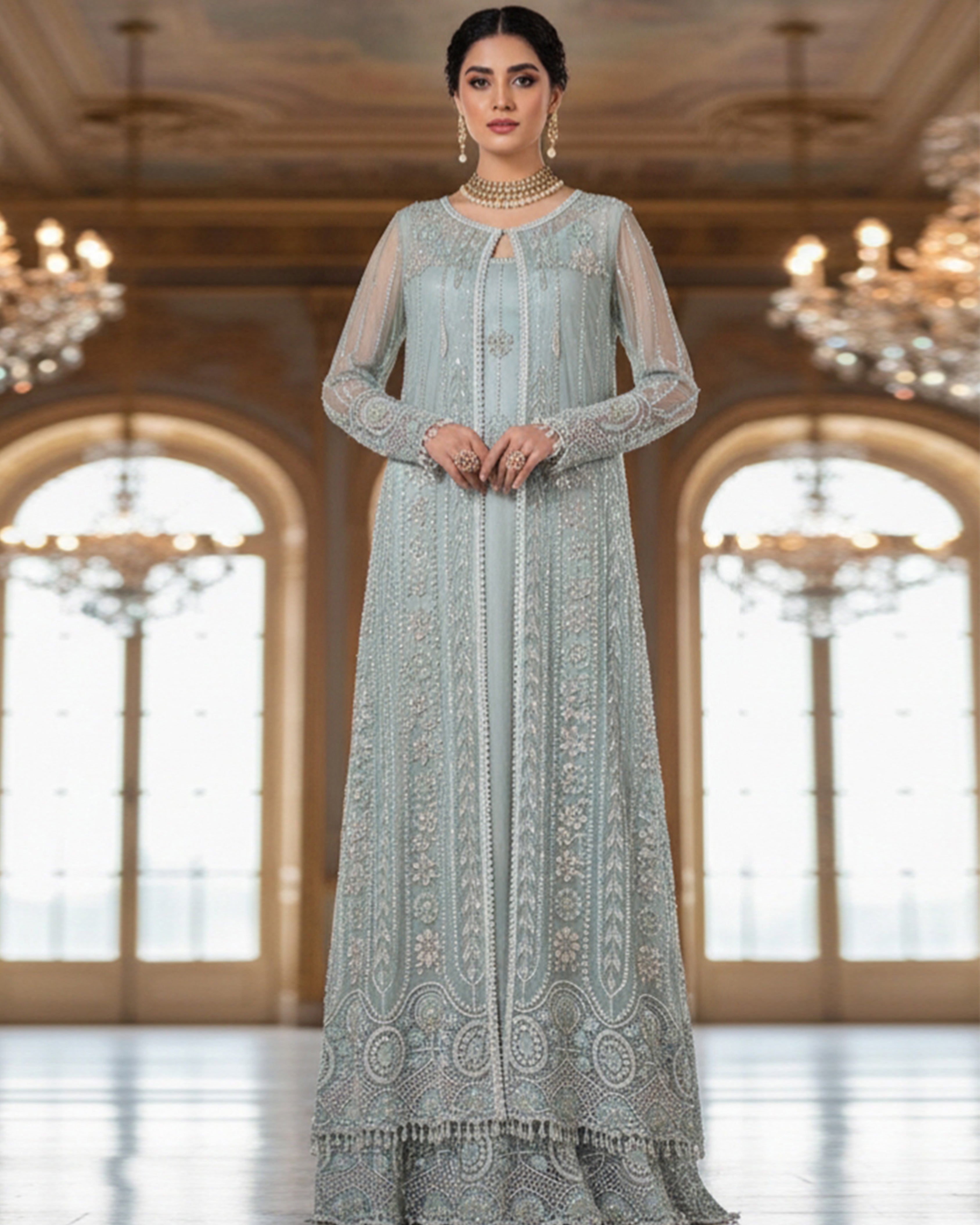 Net Embroidered Jacket With Blouse And Lehenga
