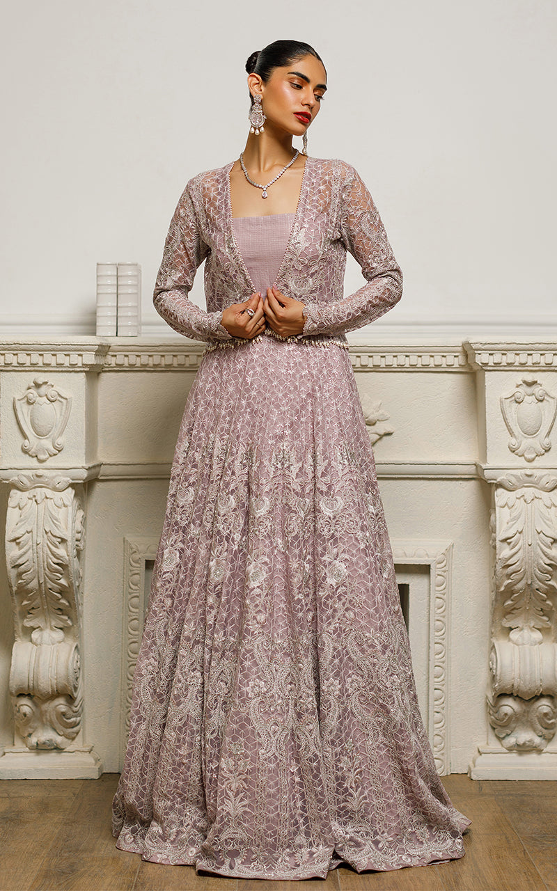 Net Embroidered Jacket With Lehenga