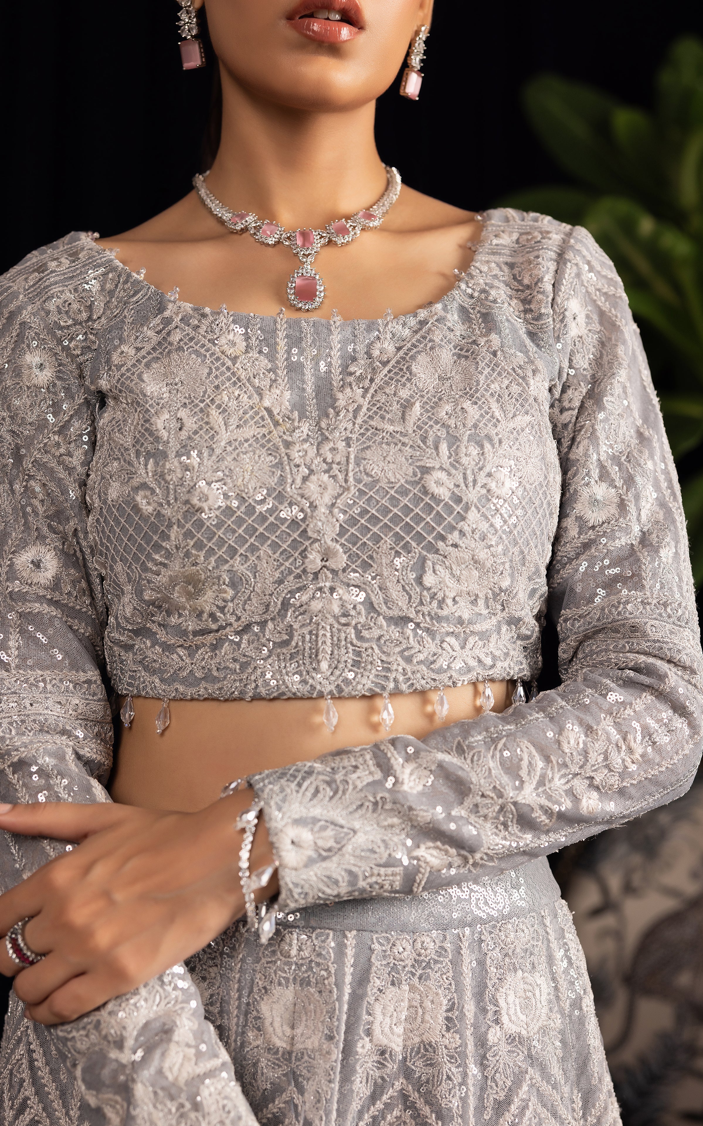 Net Embroidered Blouse With Embroidered Lehenga