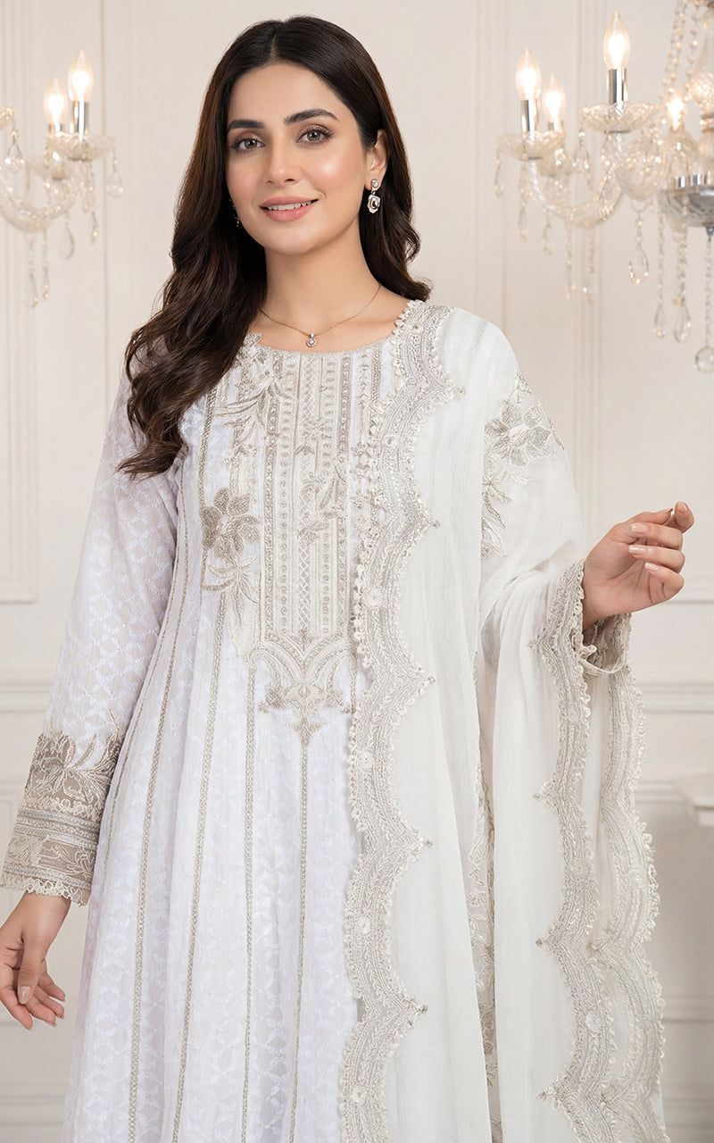 Embroidered Dress With Trouser And Dupatta