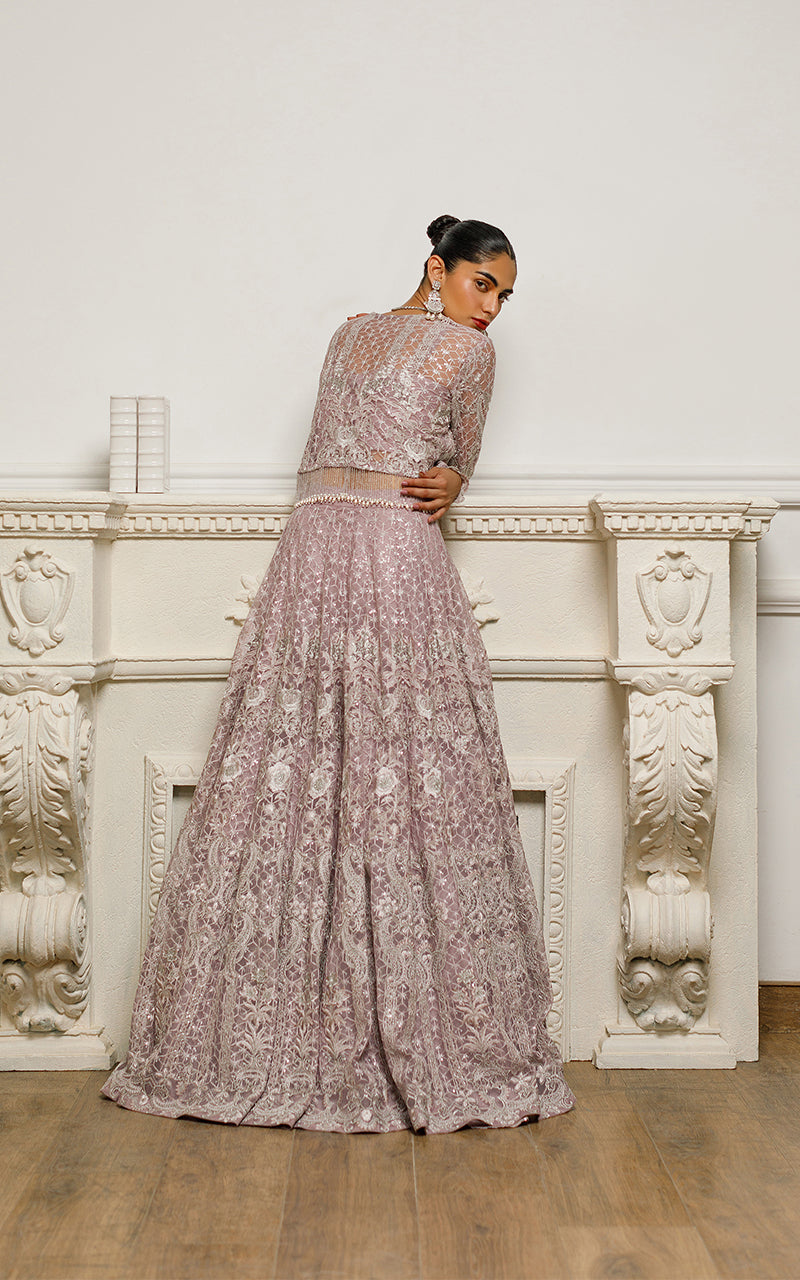 Net Embroidered Jacket With Lehenga