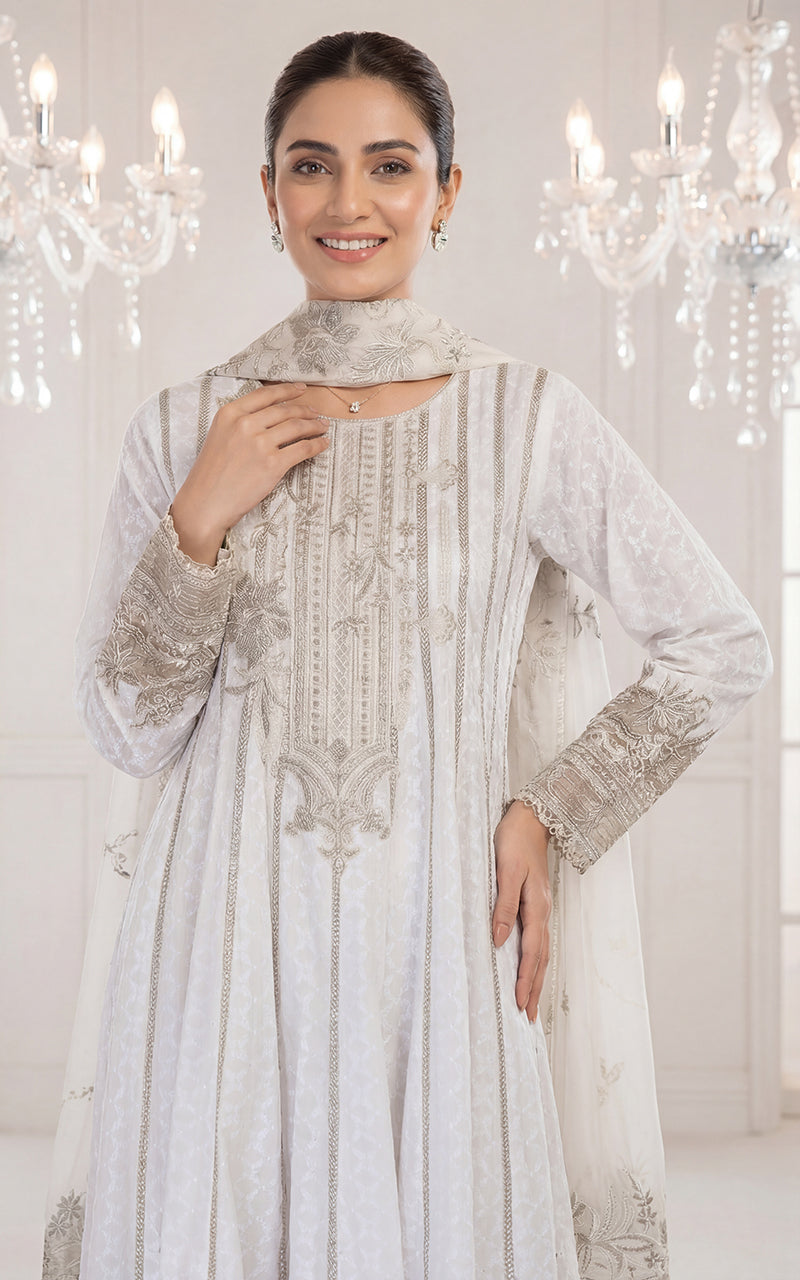 Embroidered Dress With Trouser And Dupatta