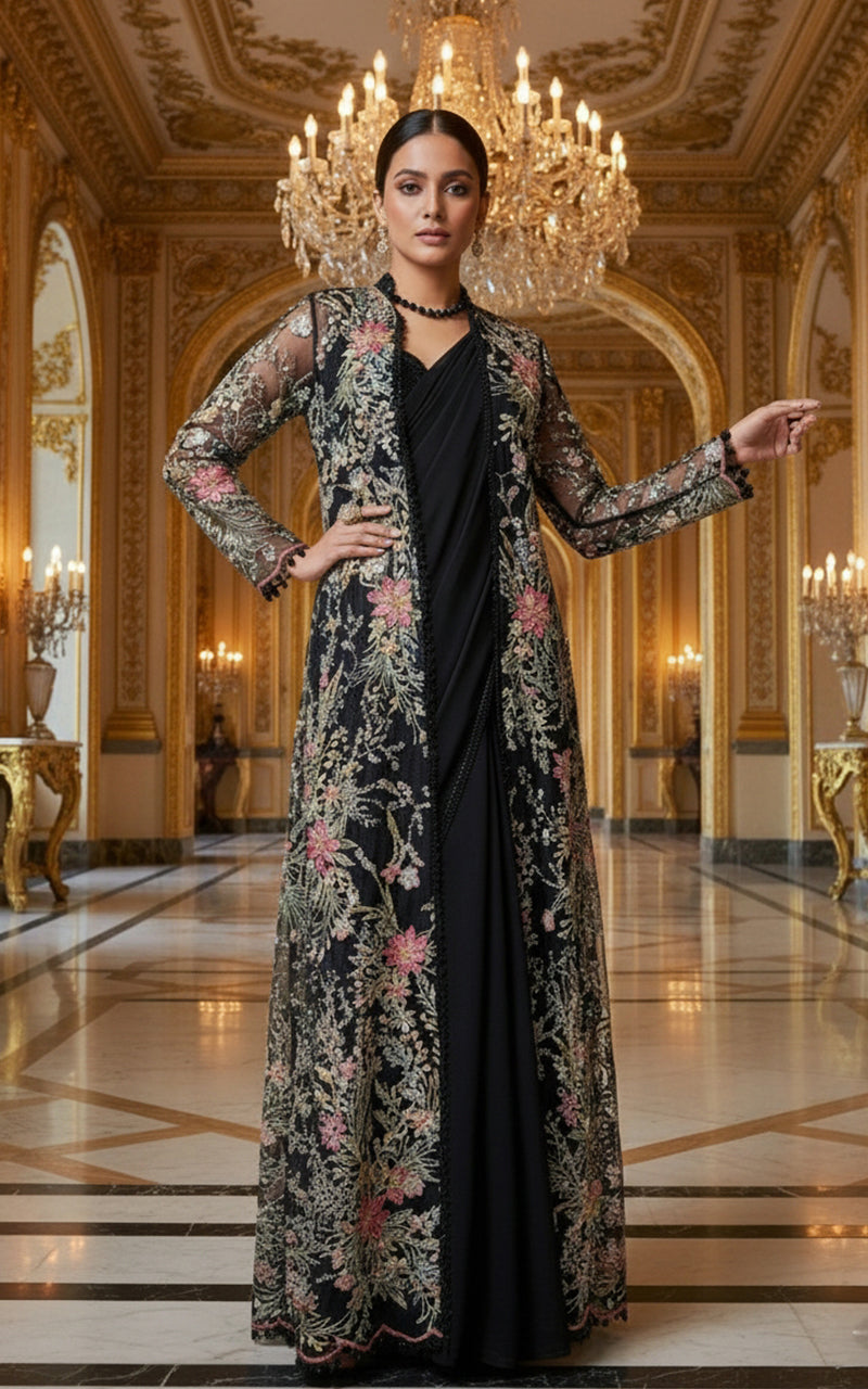 Net Embroidered Jacket With Chiffon Saree OFS