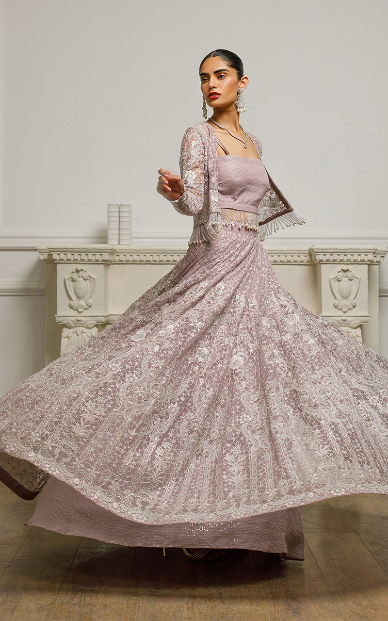 Net Embroidered Jacket With Lehenga