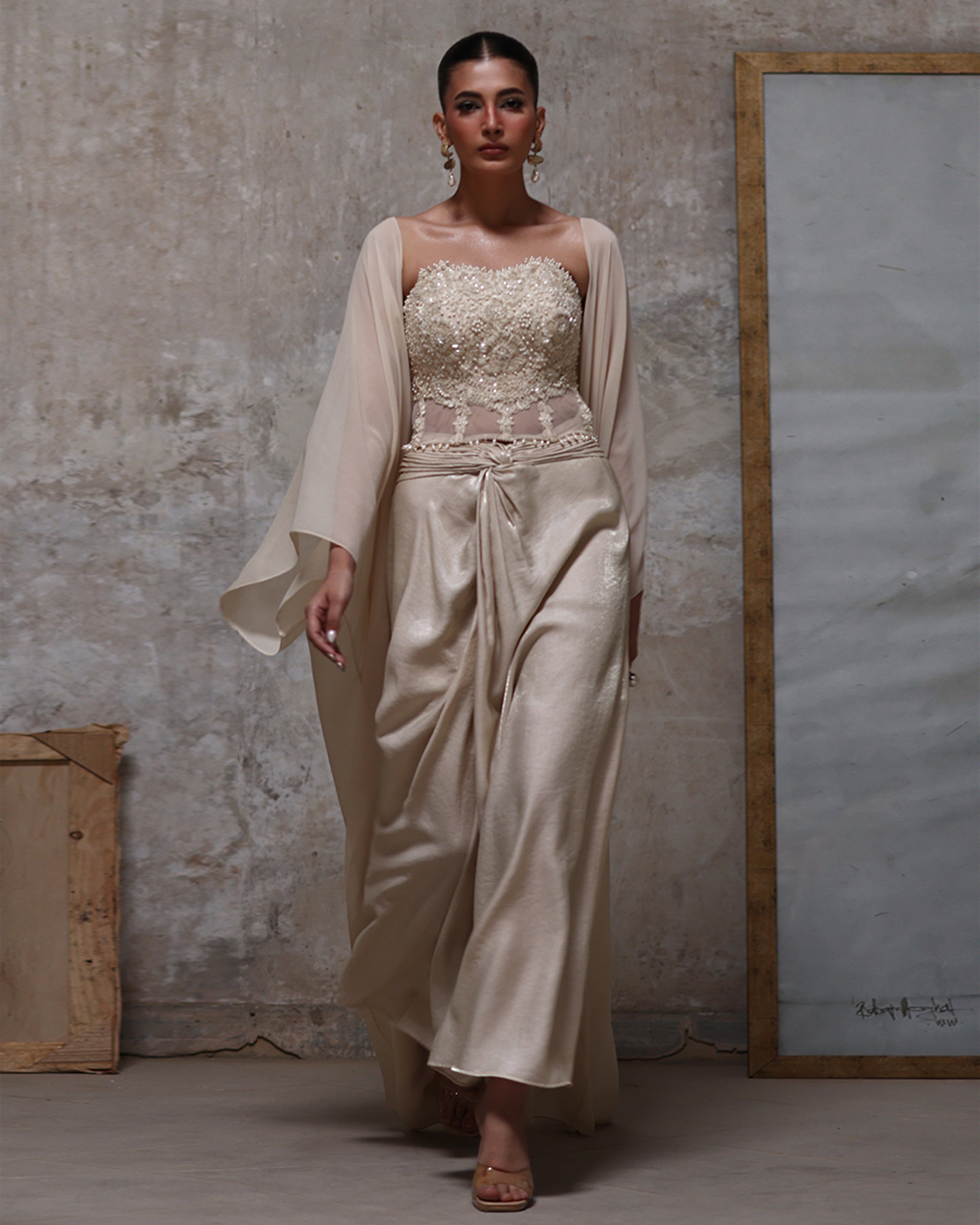 Net Embroidered Blouse With Chiffon Cape And Skirt