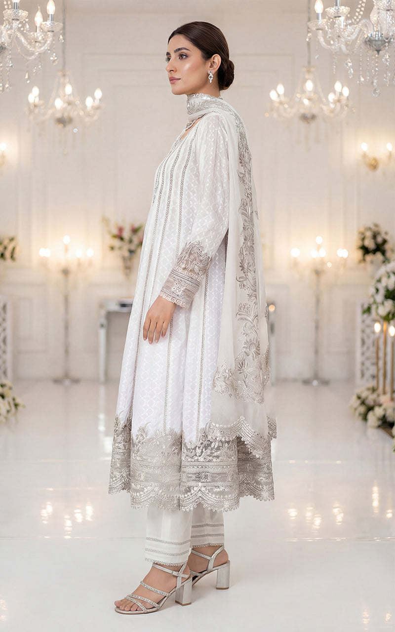 Embroidered Dress With Trouser And Dupatta