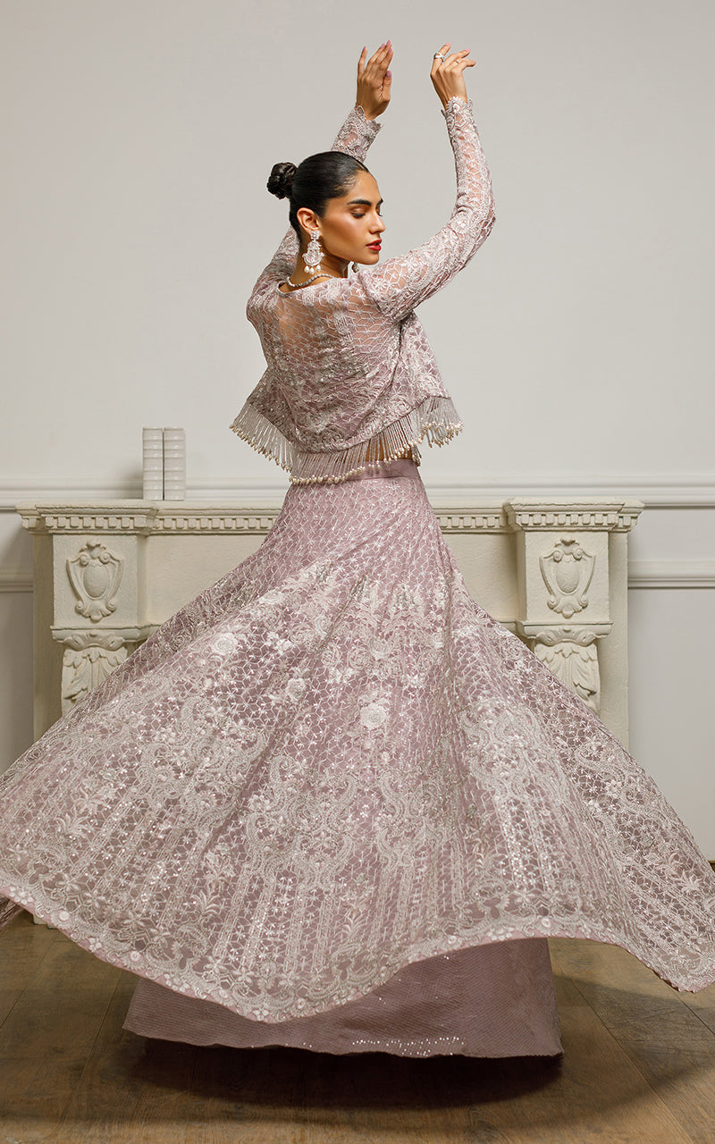 Net Embroidered Jacket With Lehenga