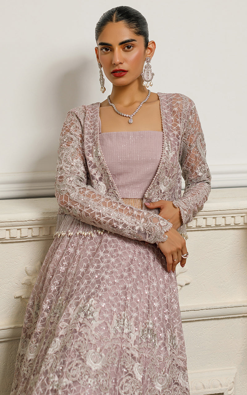 Net Embroidered Jacket With Lehenga