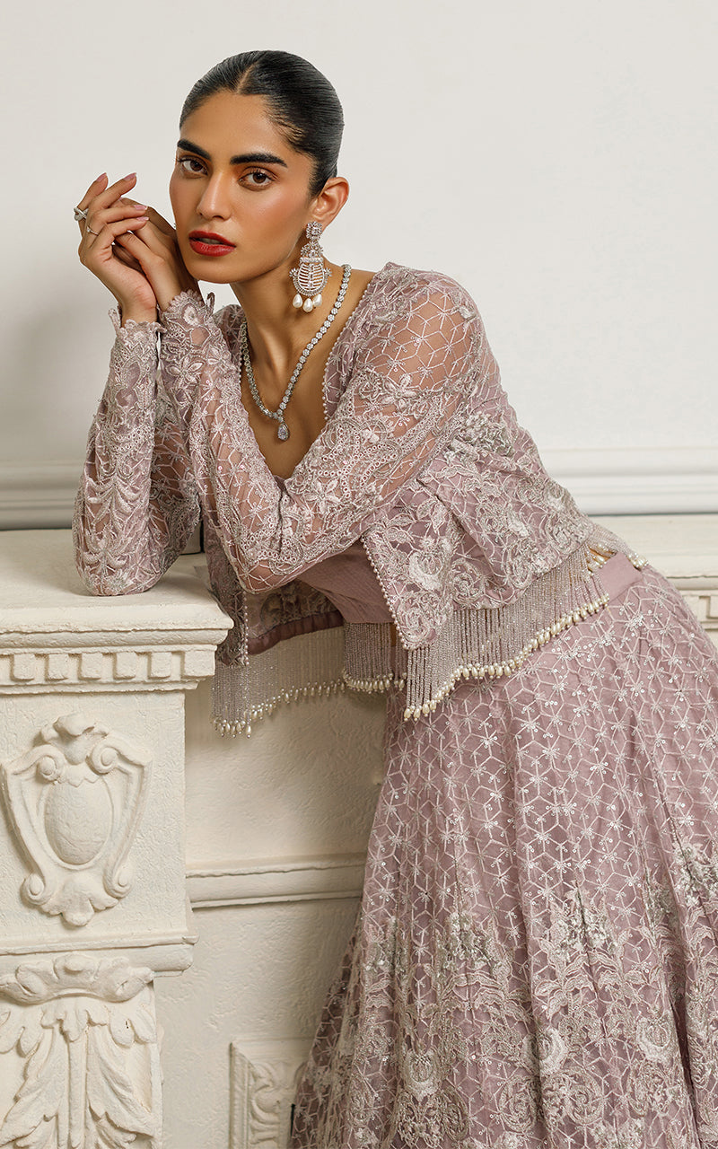 Net Embroidered Jacket With Lehenga