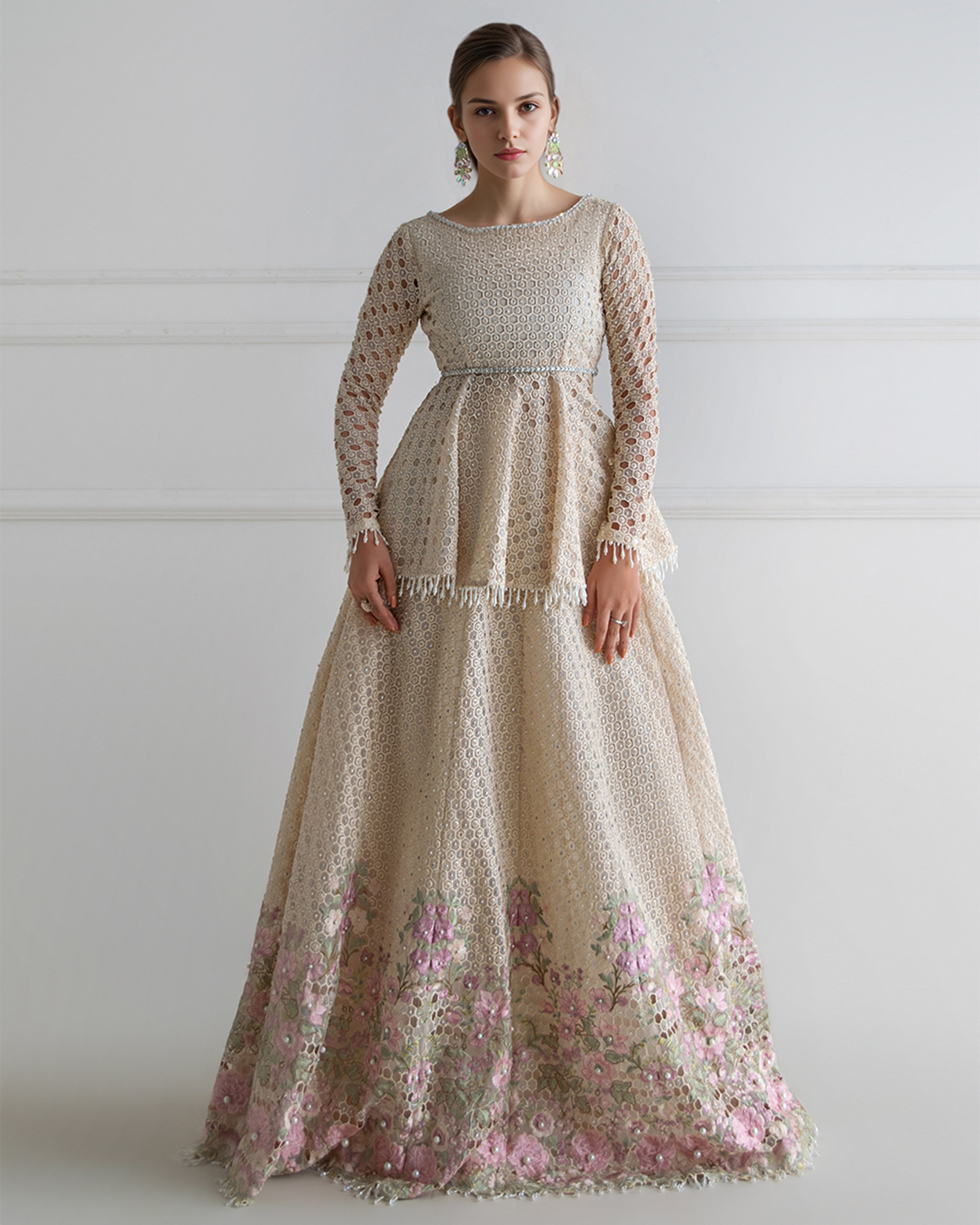 Organza Embroidered Peplum With Skirt