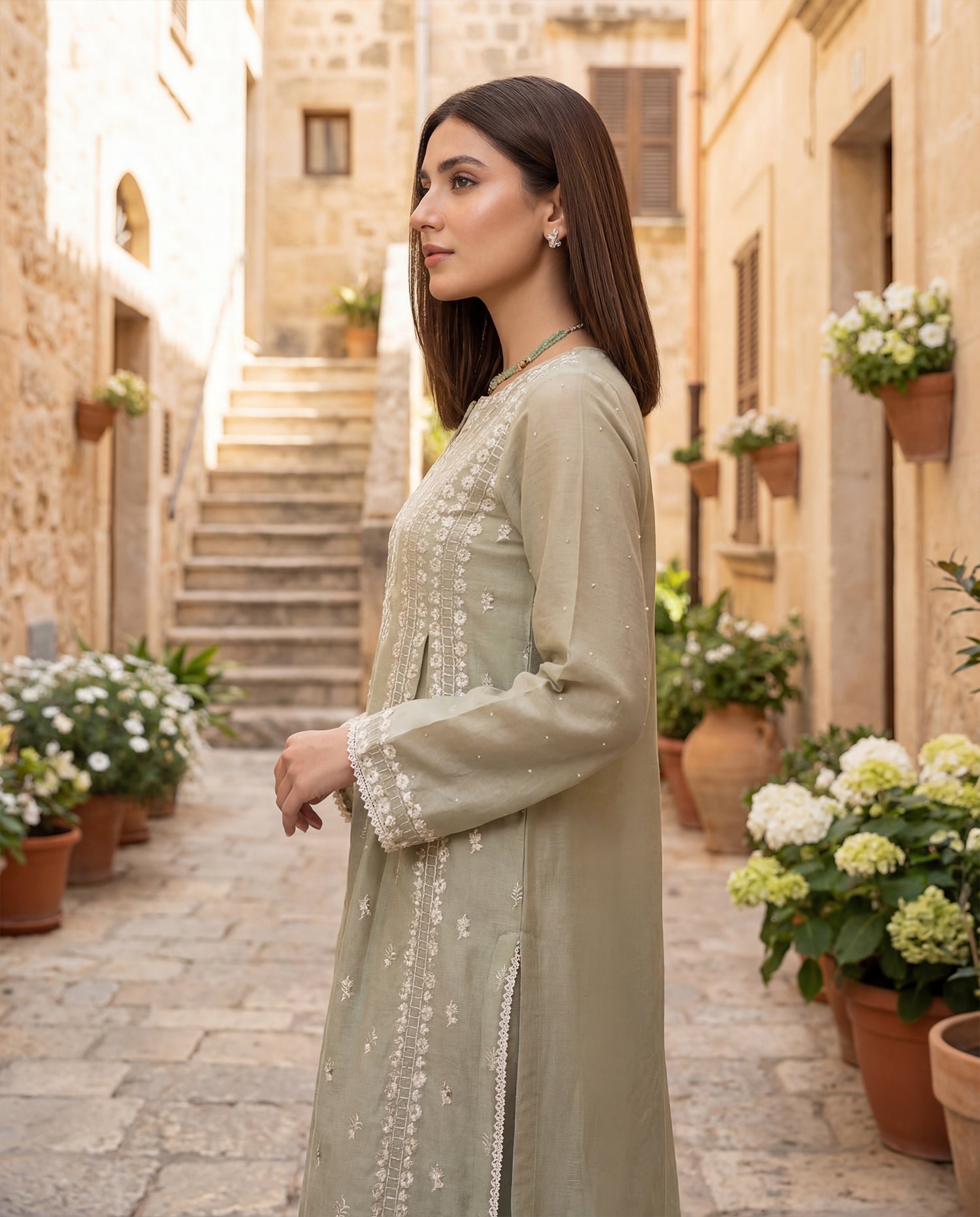 Sage Blossom Embroidered Suit