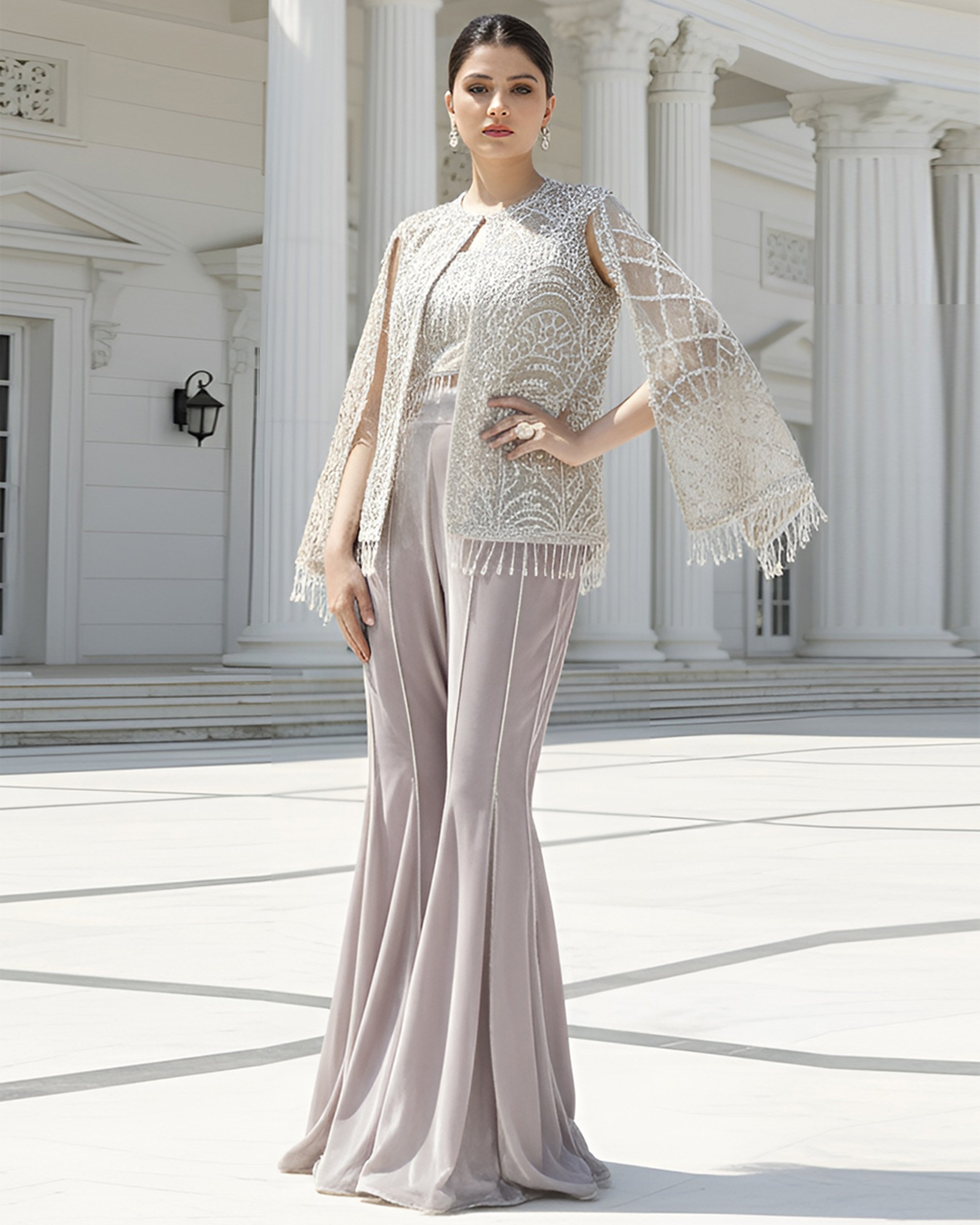 Net Embroidered Cape With Blouse
