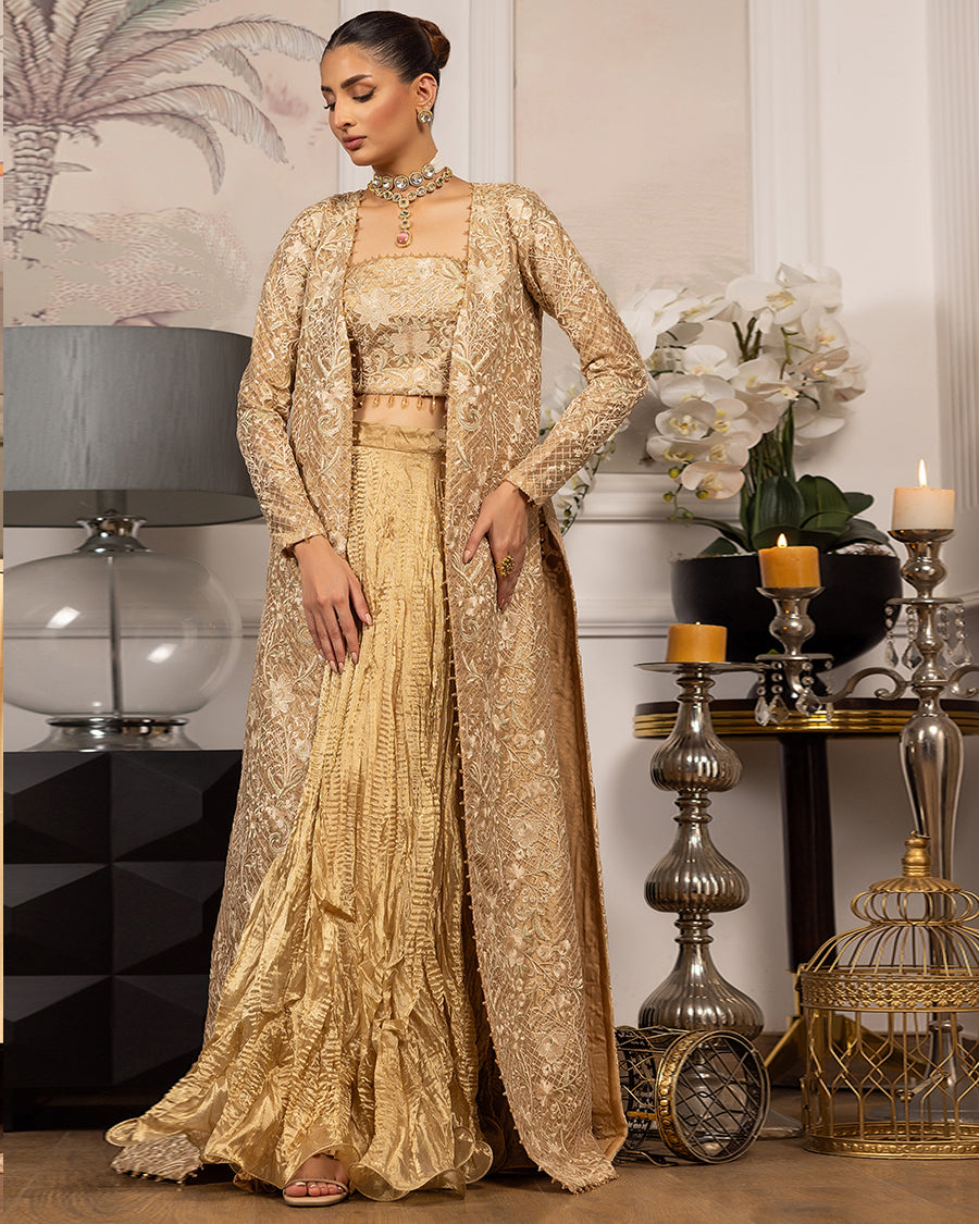 Unstitched Embroidered Jacket With Embroidered Tube And Skirt