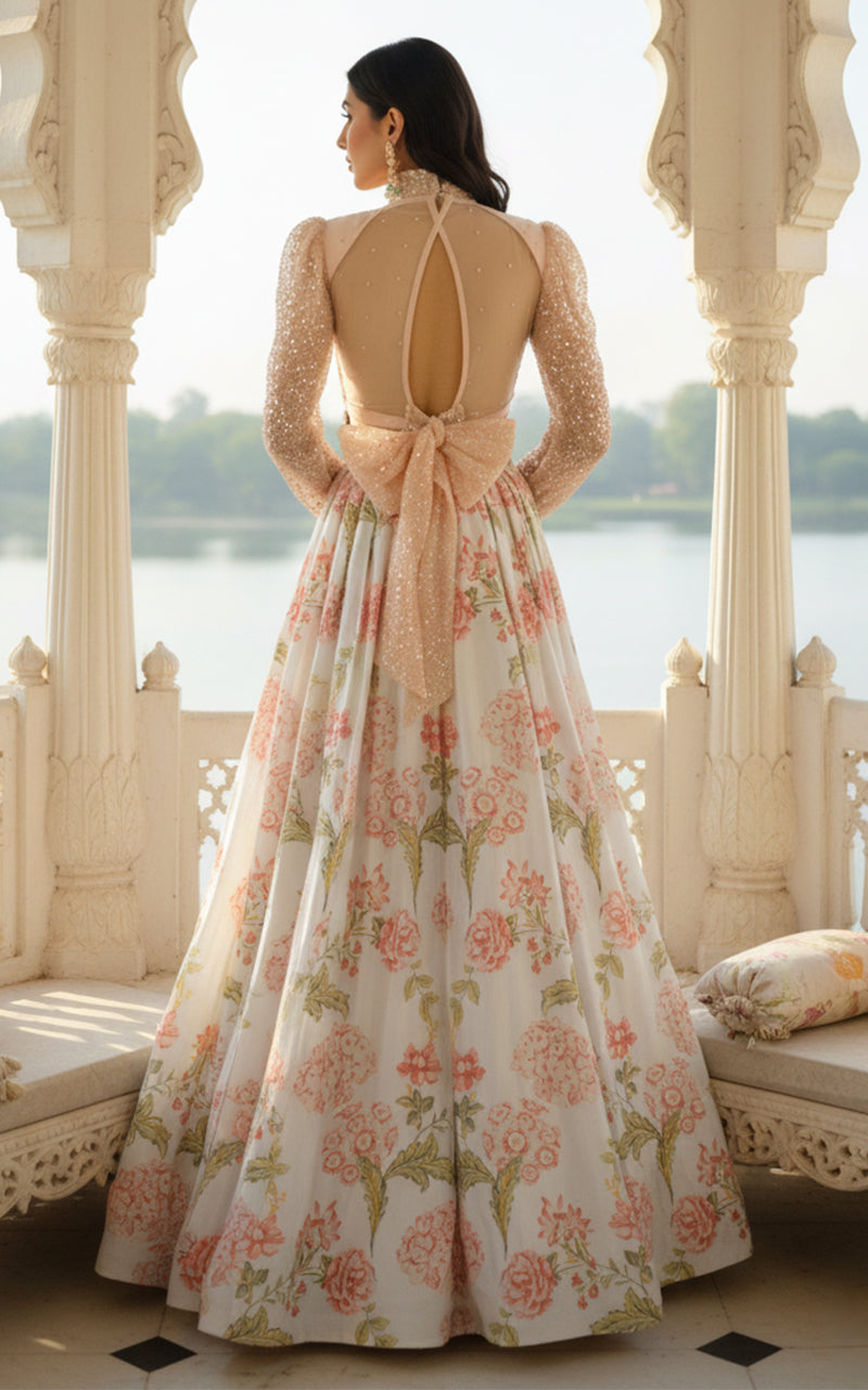 Unstitched Embellished Blouse With Printed Lehenga