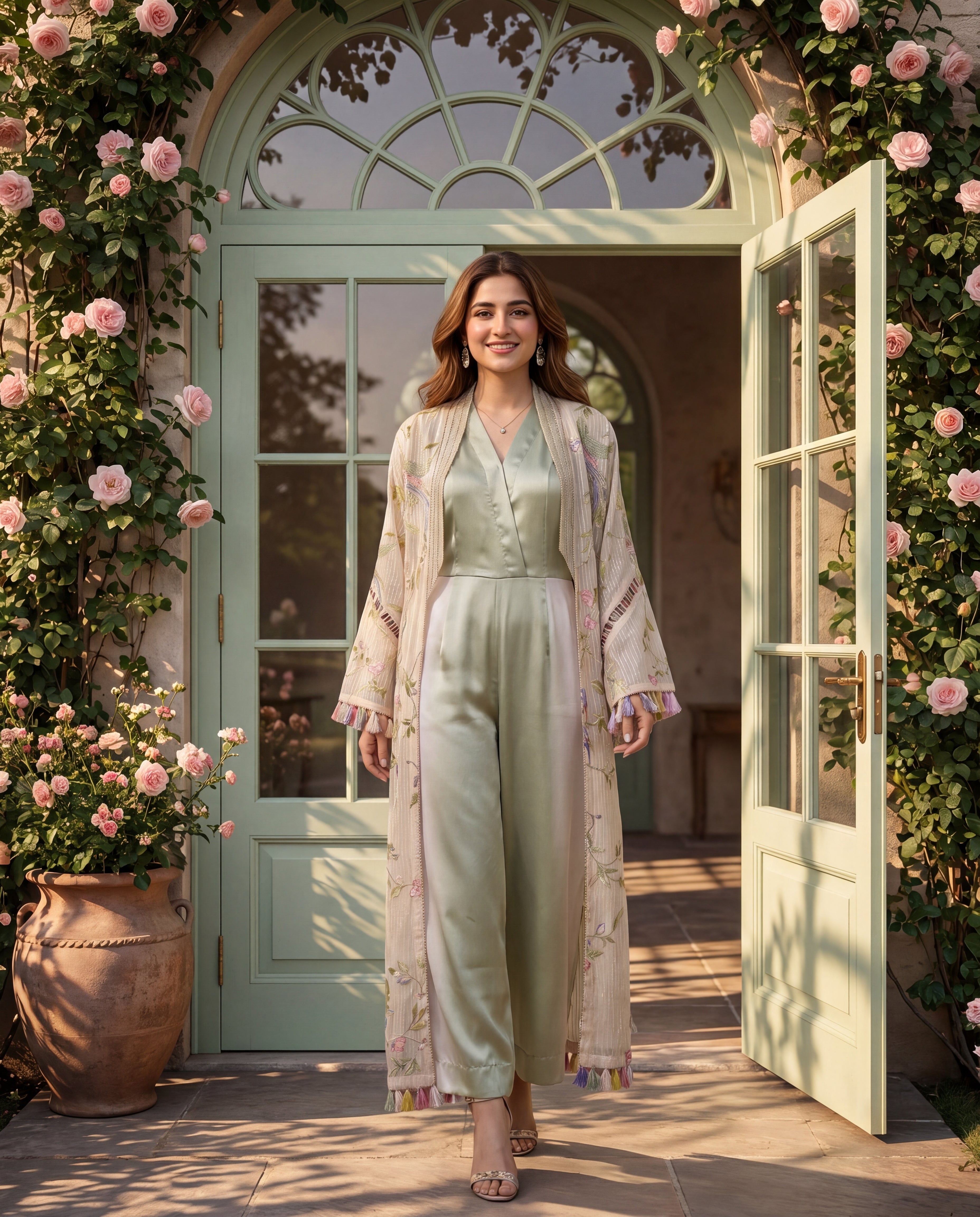 Unstitched Sage Blossom Silk Jumpsuit With Embroidered Jacket