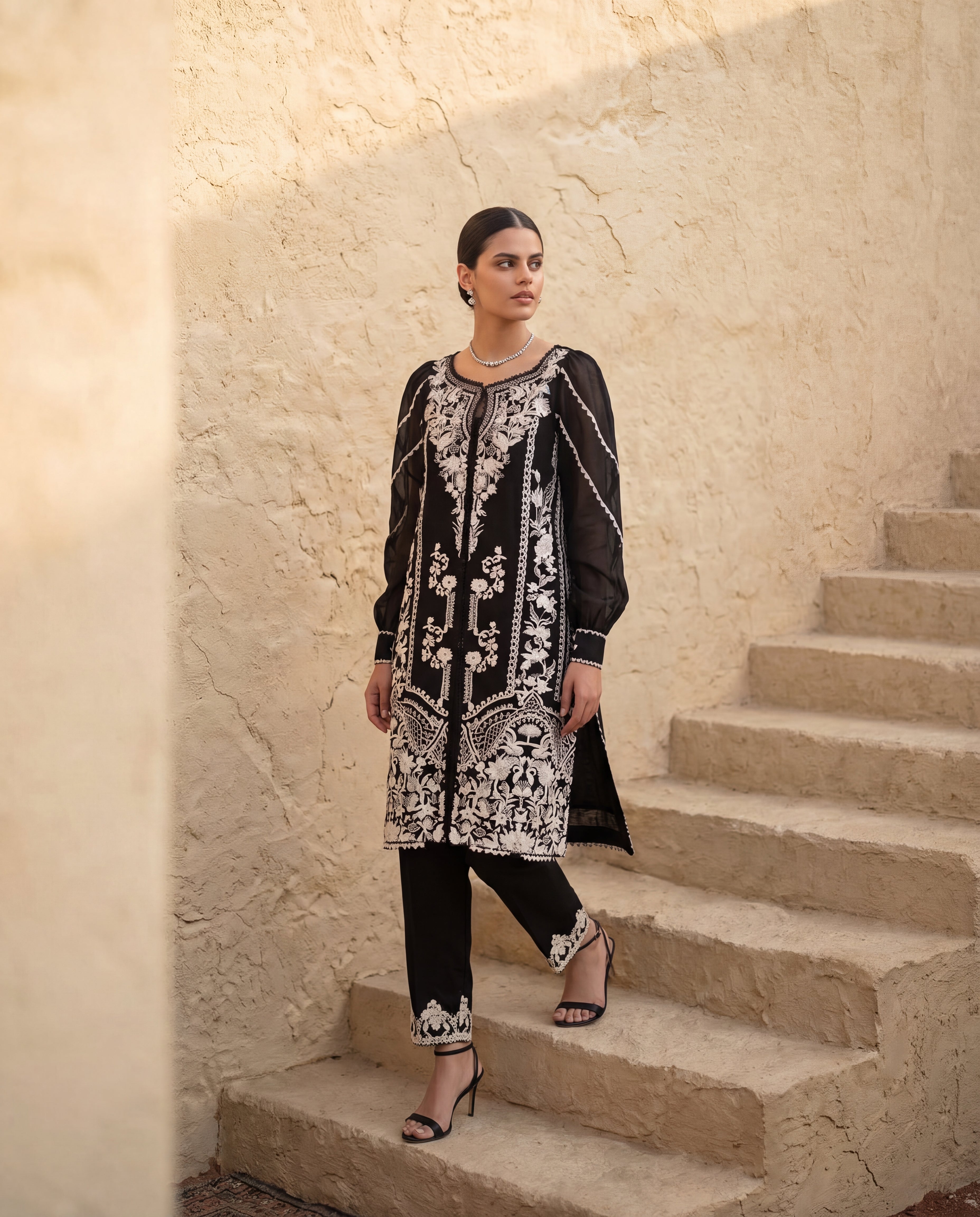 Ebony Bloom Embroidered Kurta with Embroidered Pants