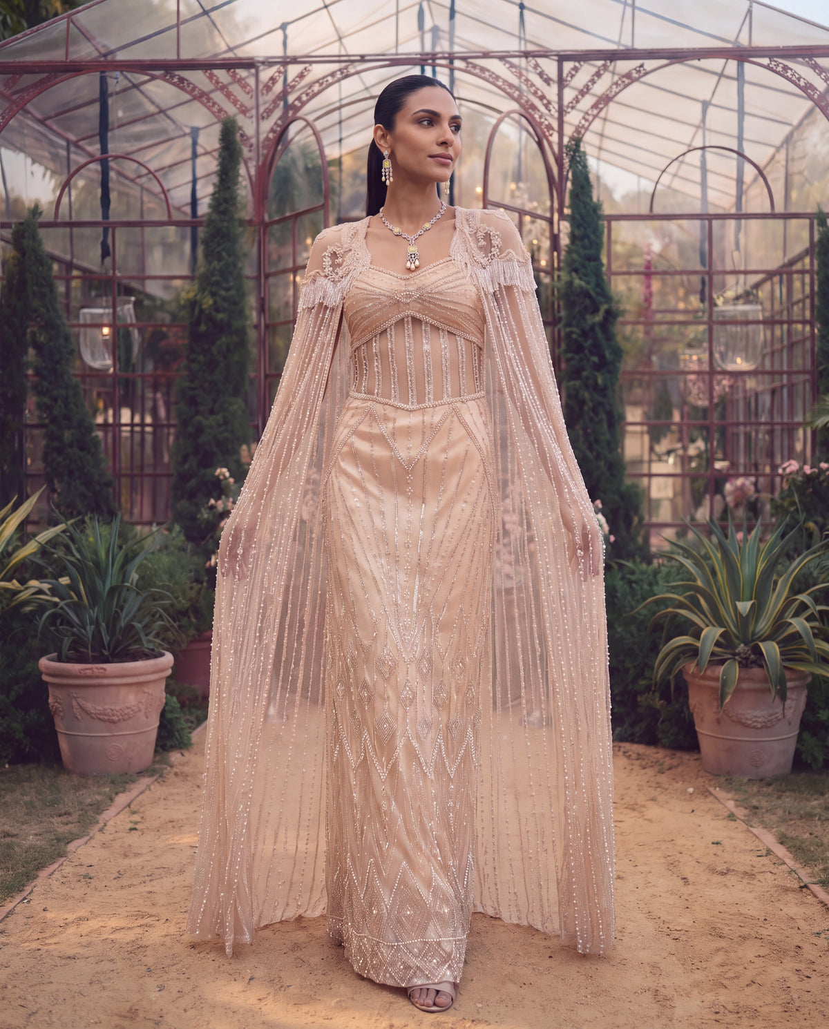 Net Embroidered Dress With Cape (RTW)