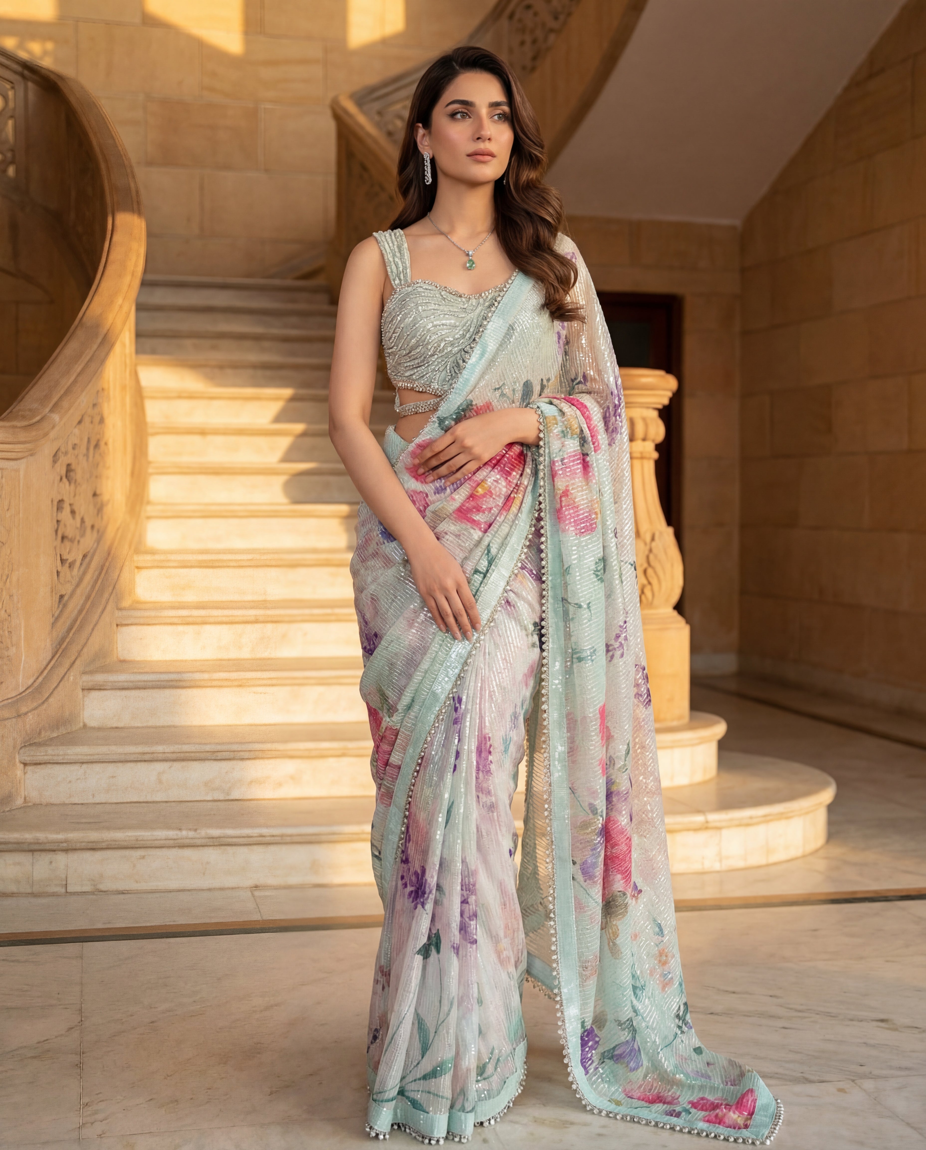Unstitched Blouse With Printed Sequins Saree