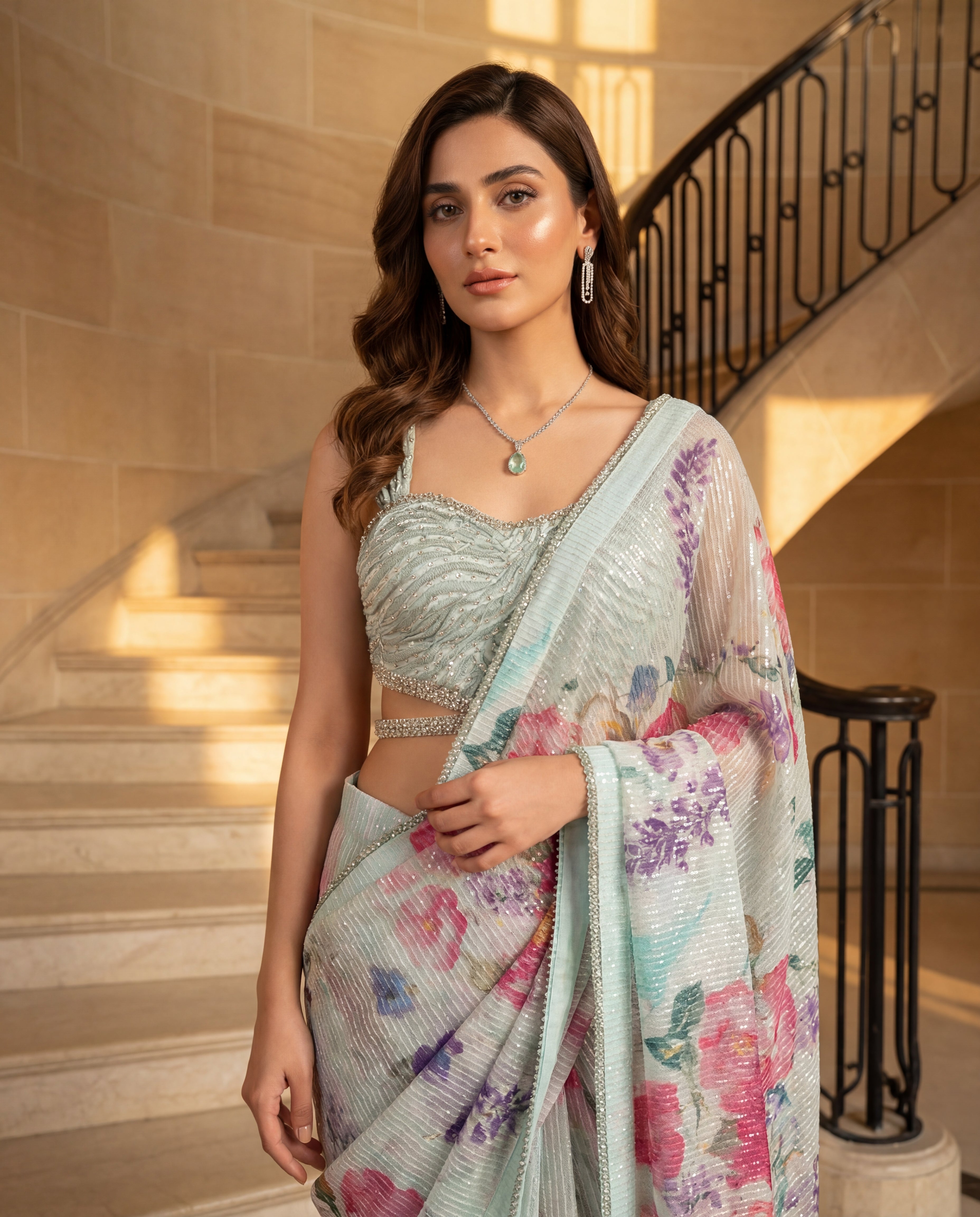 Unstitched Blouse With Printed Sequins Saree