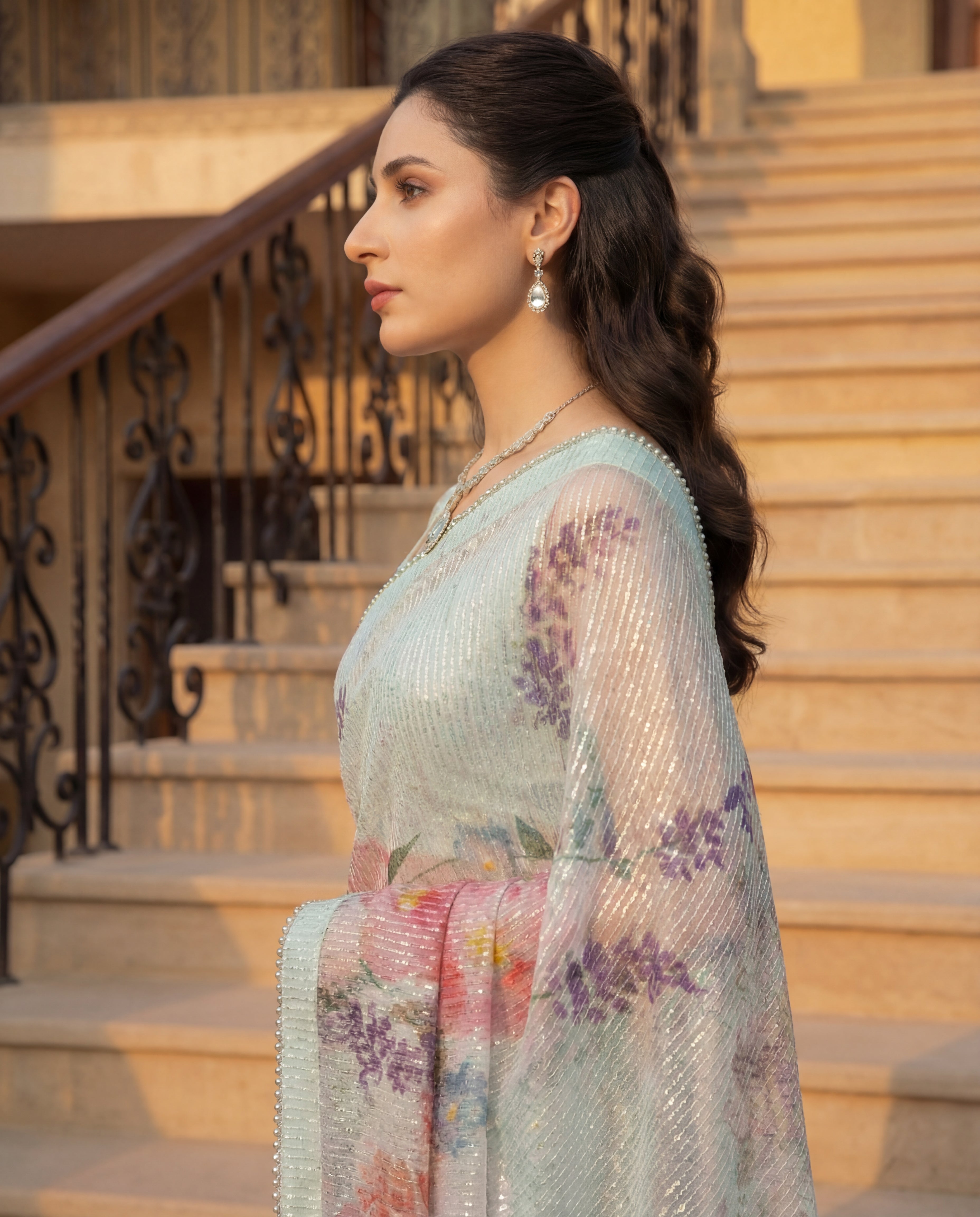 Unstitched Blouse With Printed Sequins Saree