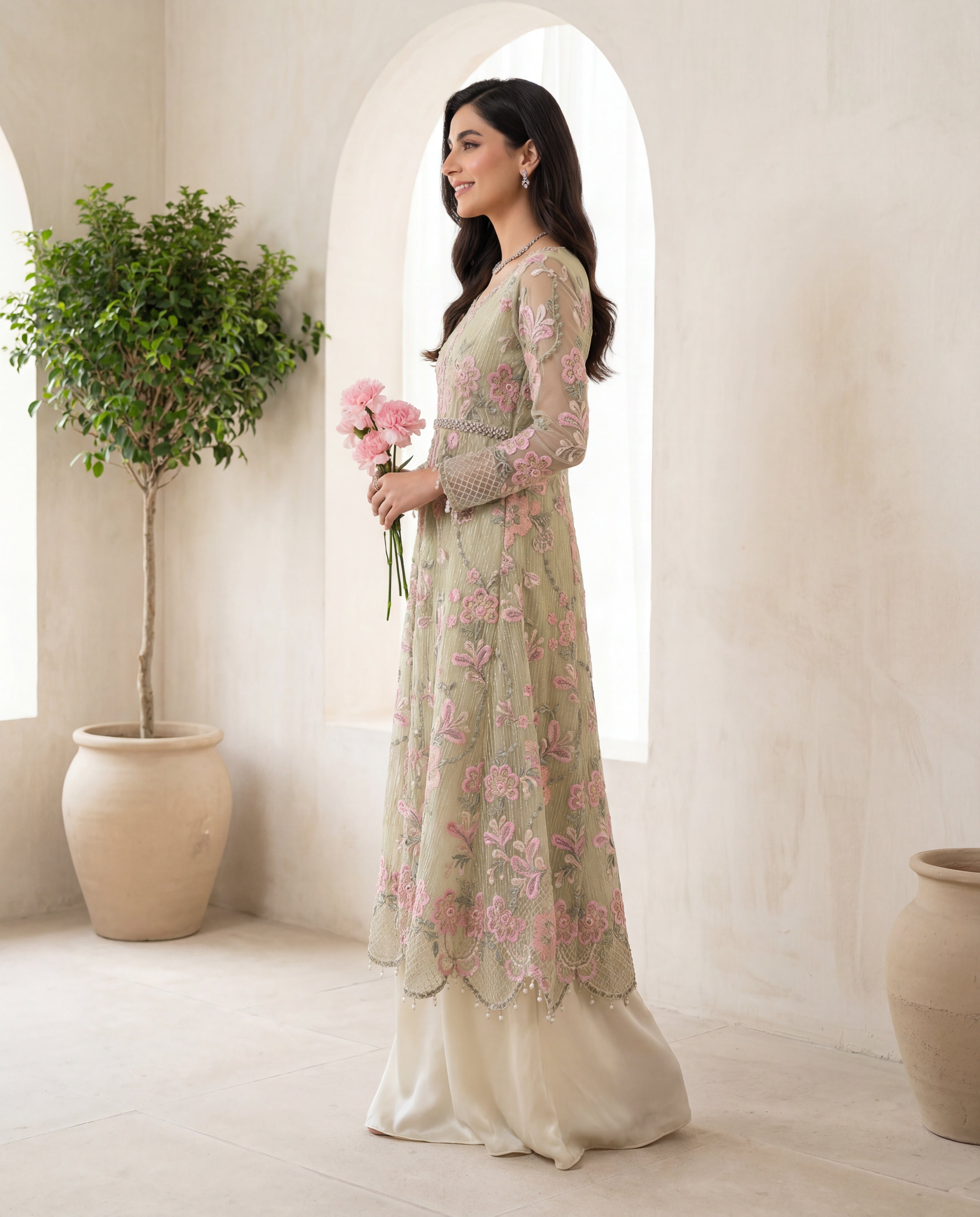Celadon Blossom Peplum Dhaka Set