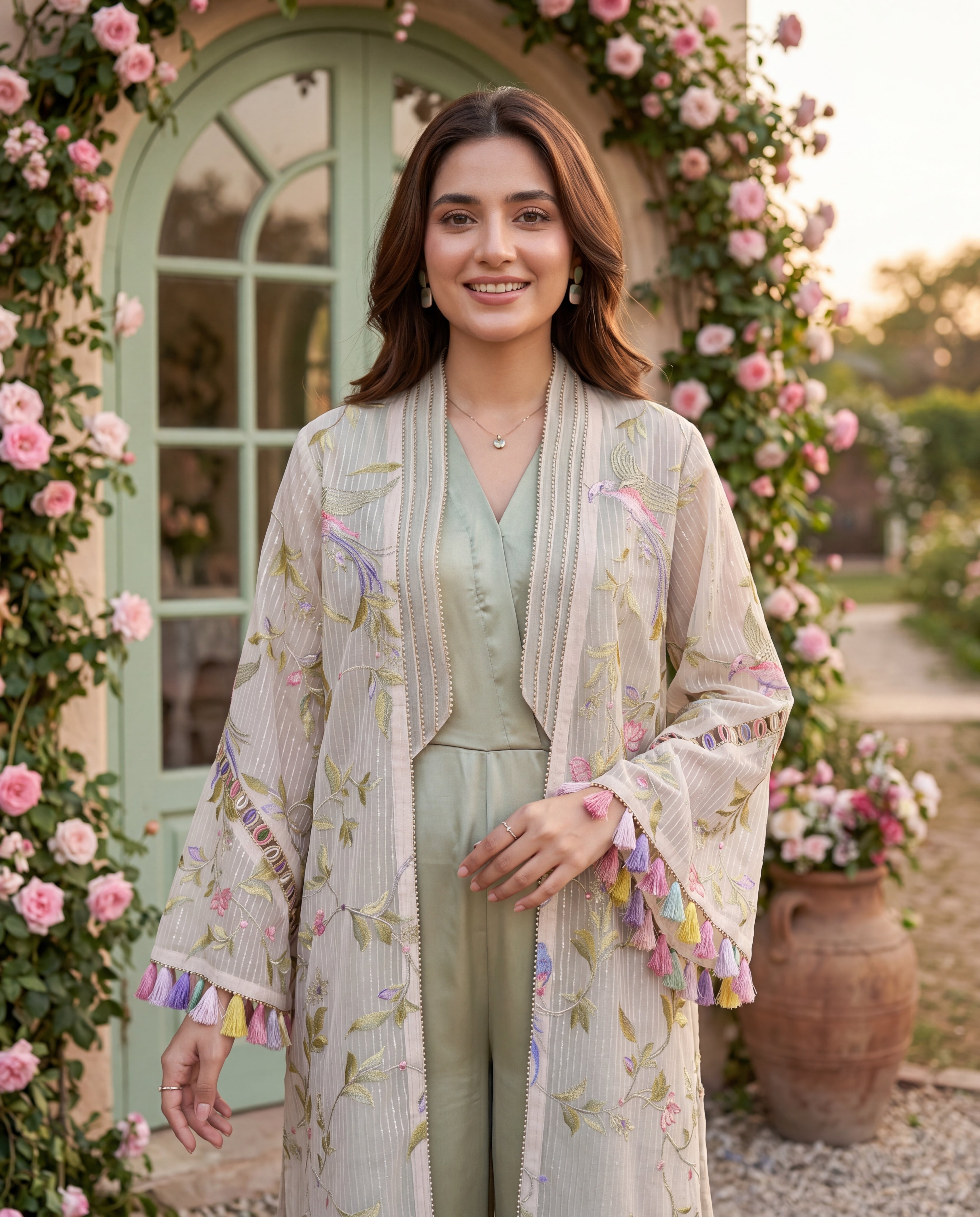 Unstitched Sage Blossom Silk Jumpsuit With Embroidered Jacket