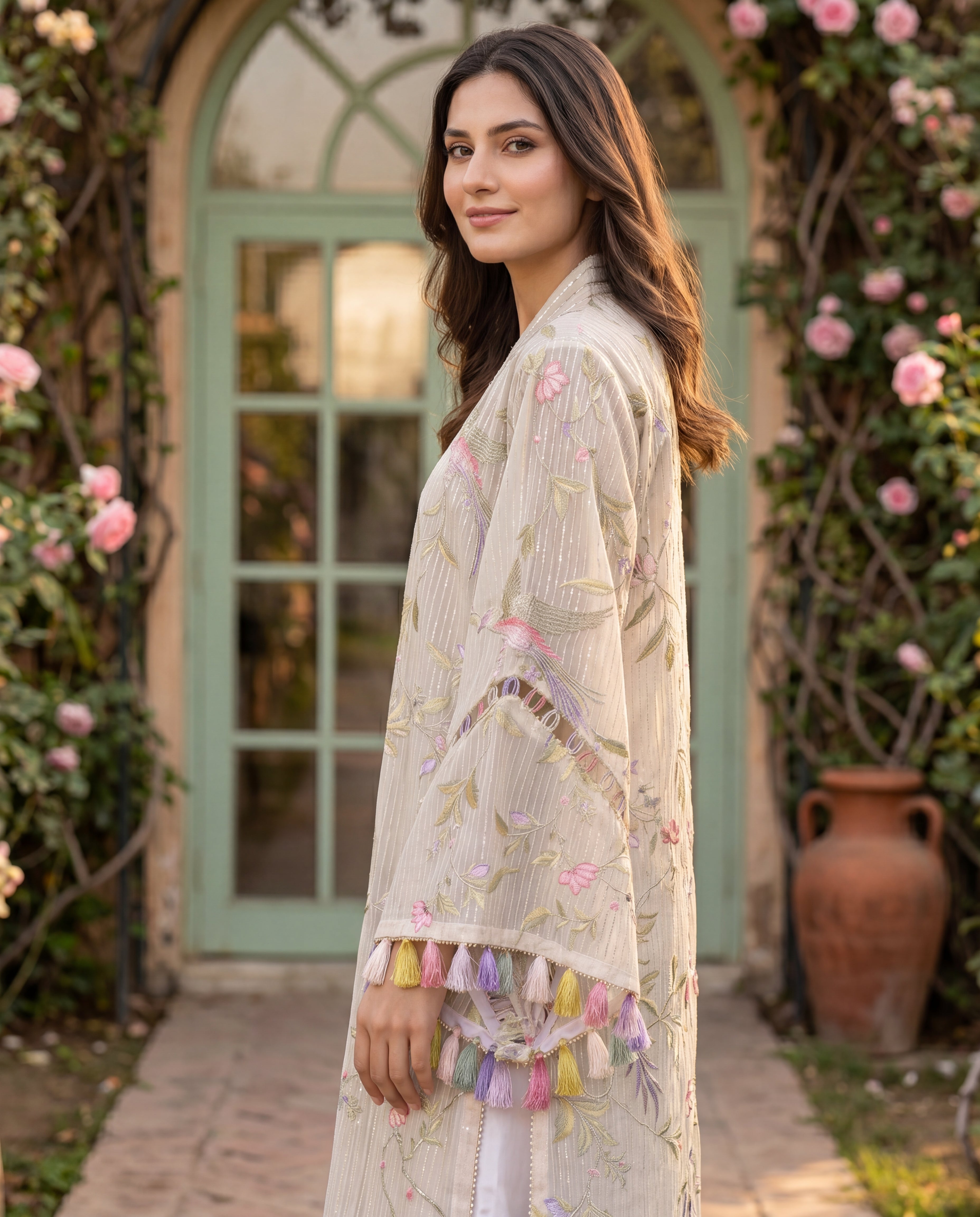 Unstitched Sage Blossom Silk Jumpsuit With Embroidered Jacket