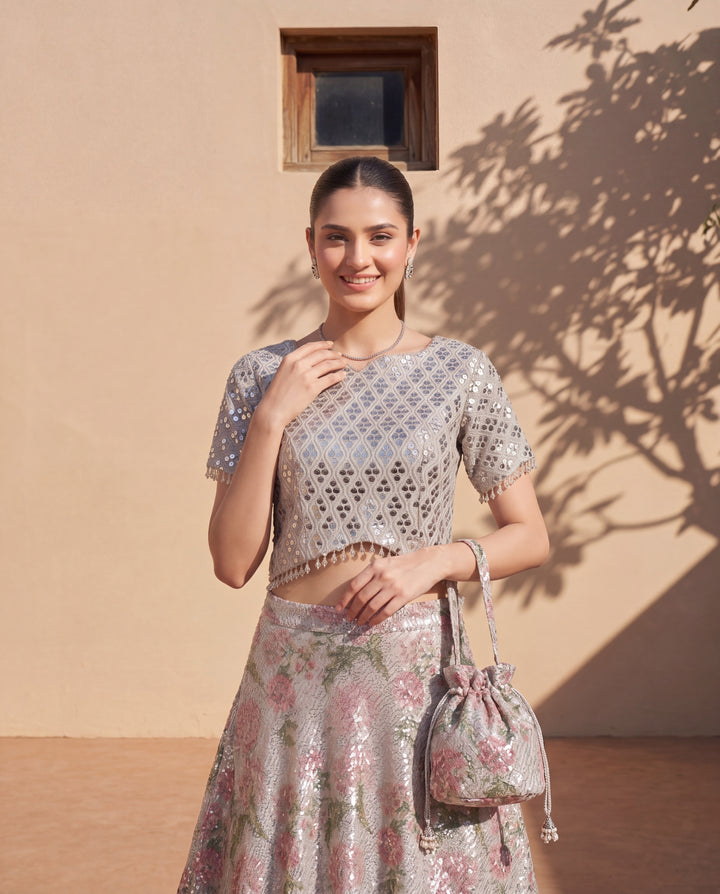 Silver Flora Mirror Look Lehenga Blouse