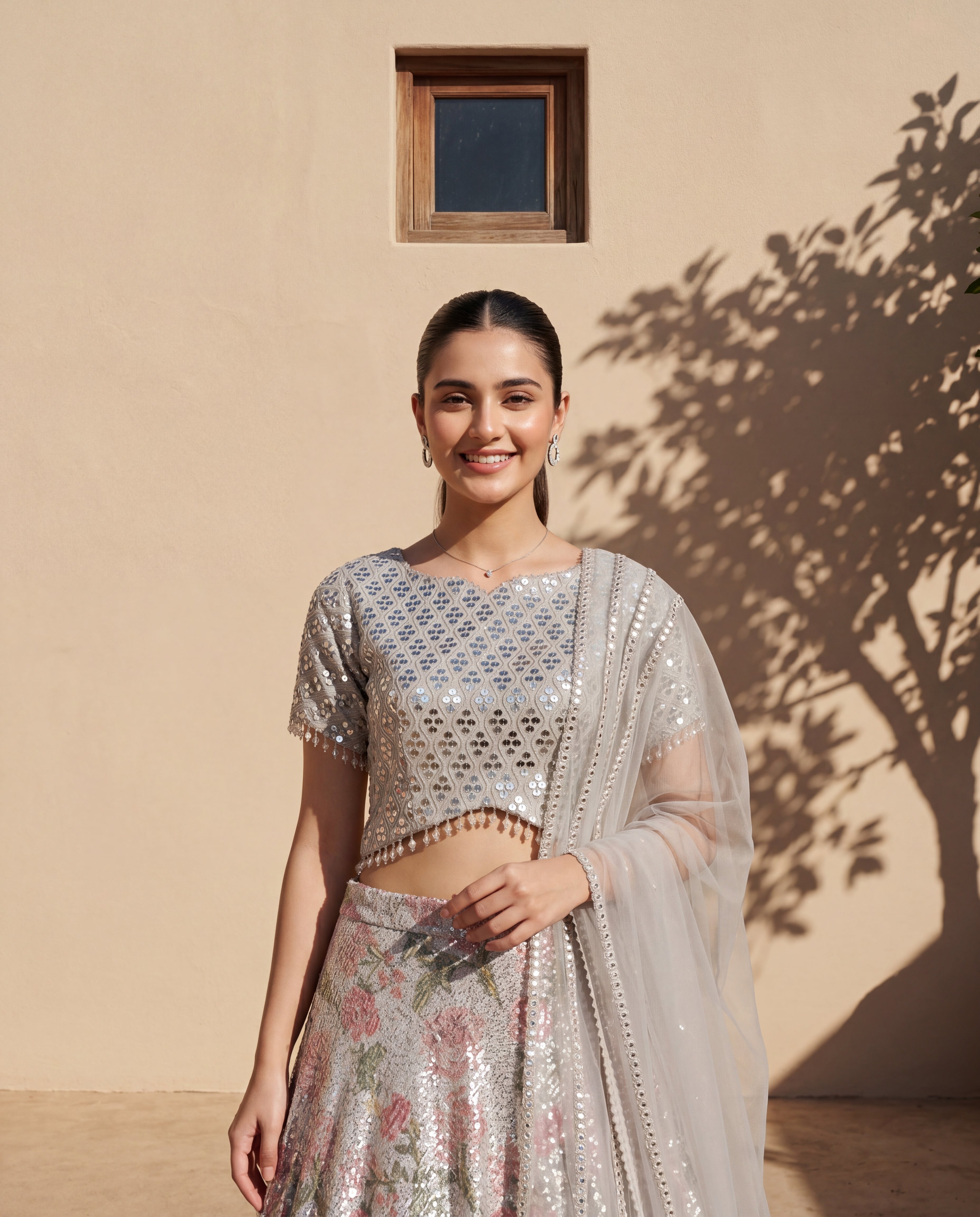 Unstitched Silver Flora Mirror Look Lehenga Blouse