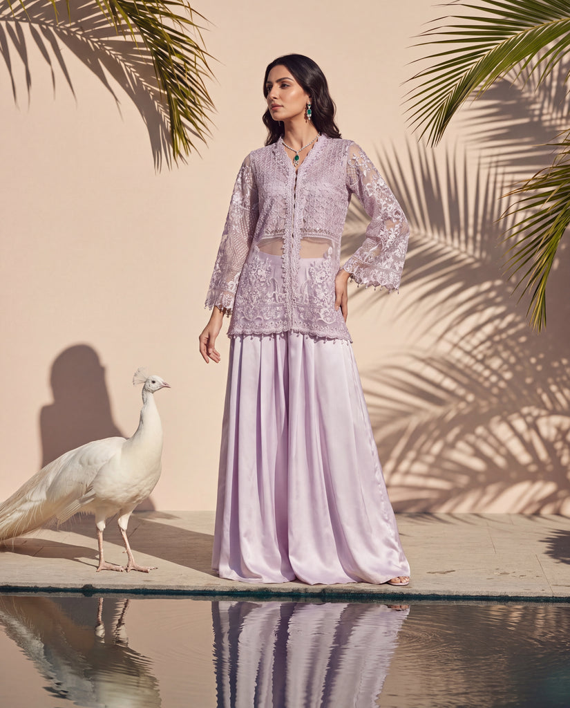 Lilac Mirage Organza Embroidered Jacket Set
