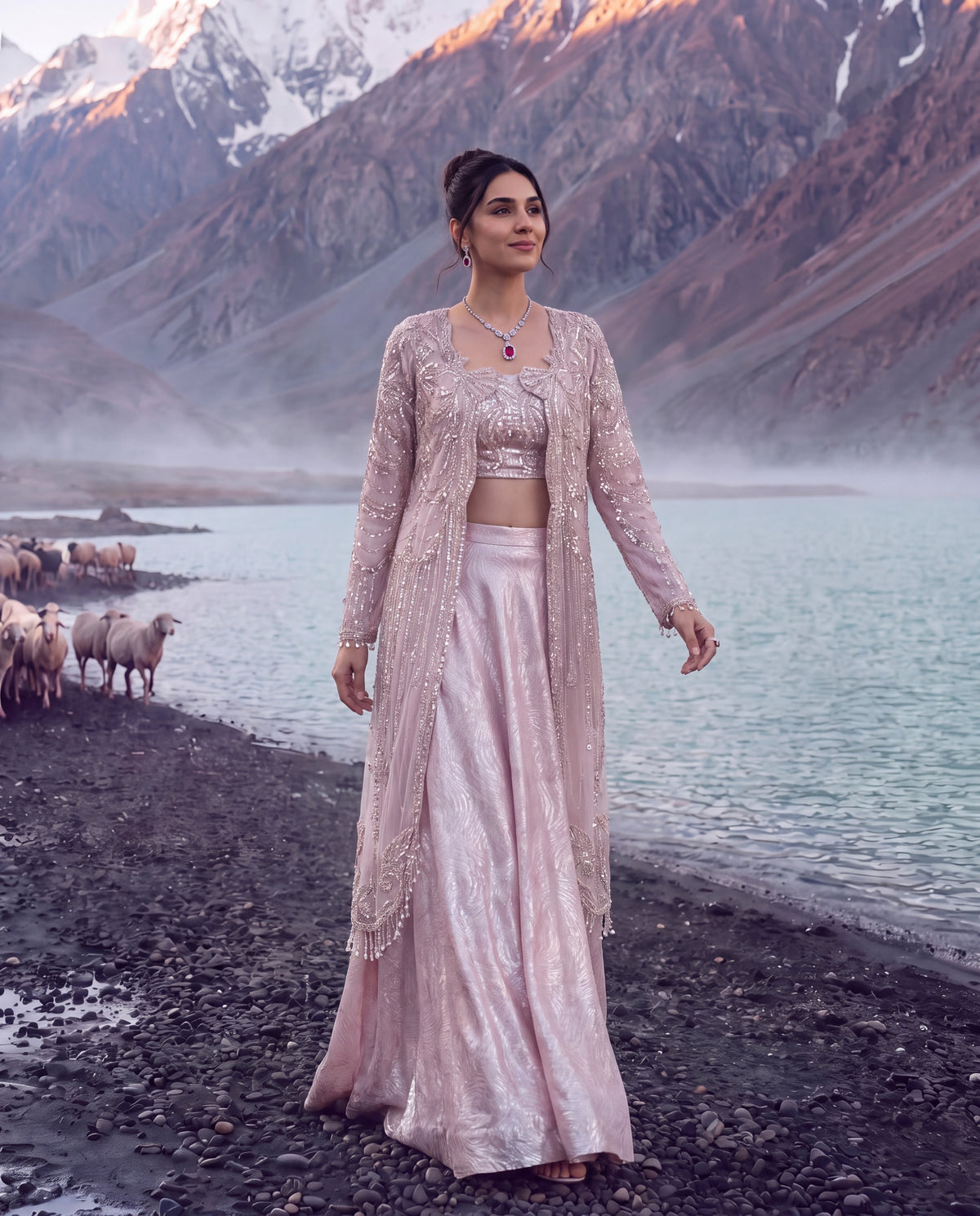 Divine Pearl Net Embroidered Jacket Set