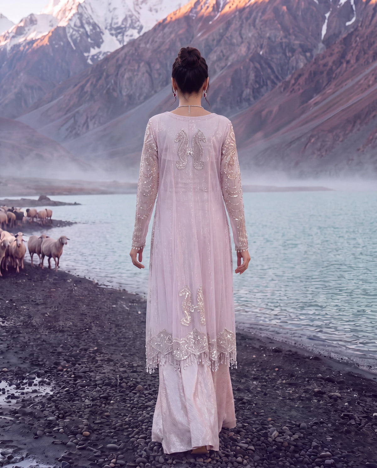Divine Pearl Net Embroidered Jacket Set