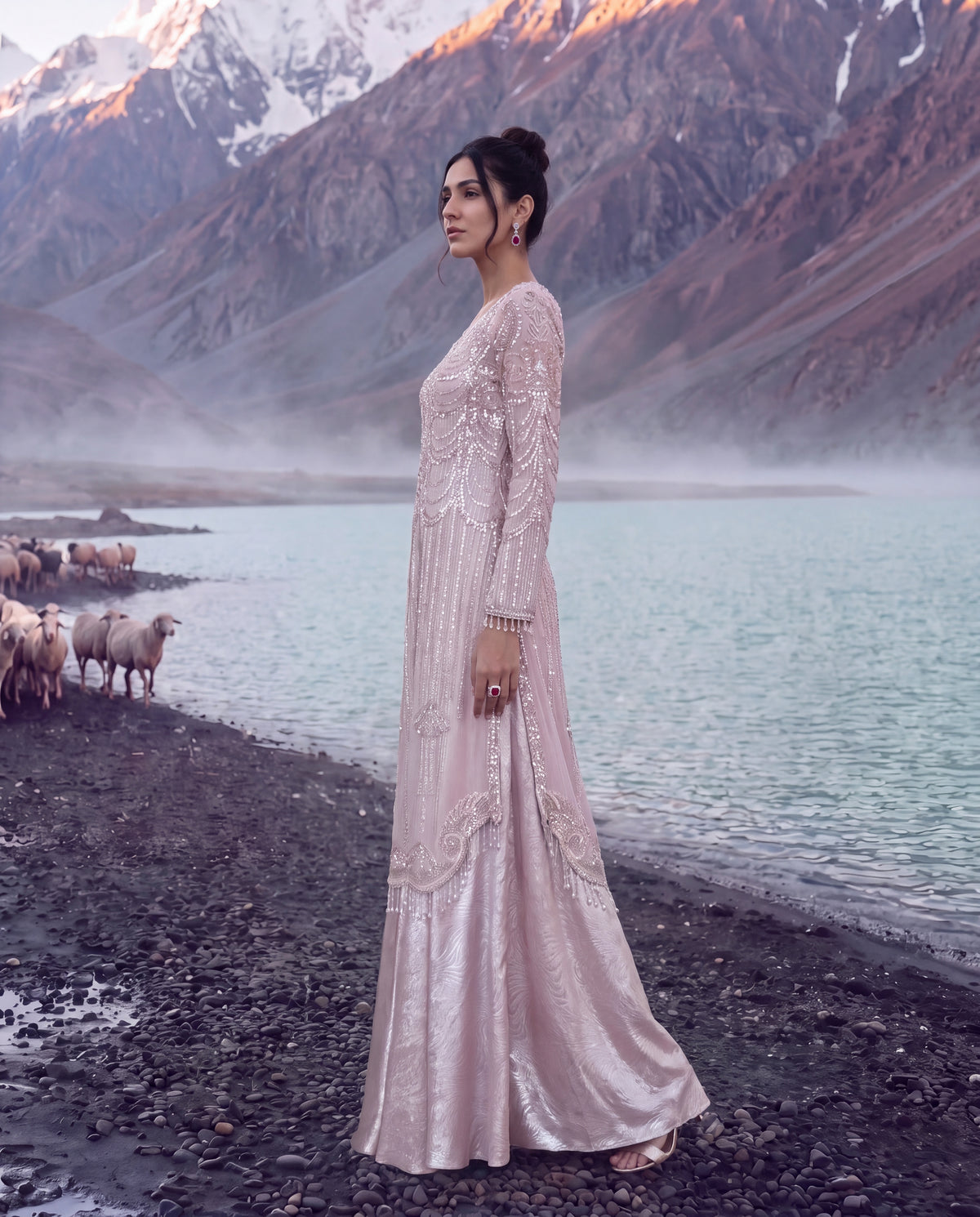 Divine Pearl Net Embroidered Jacket Set