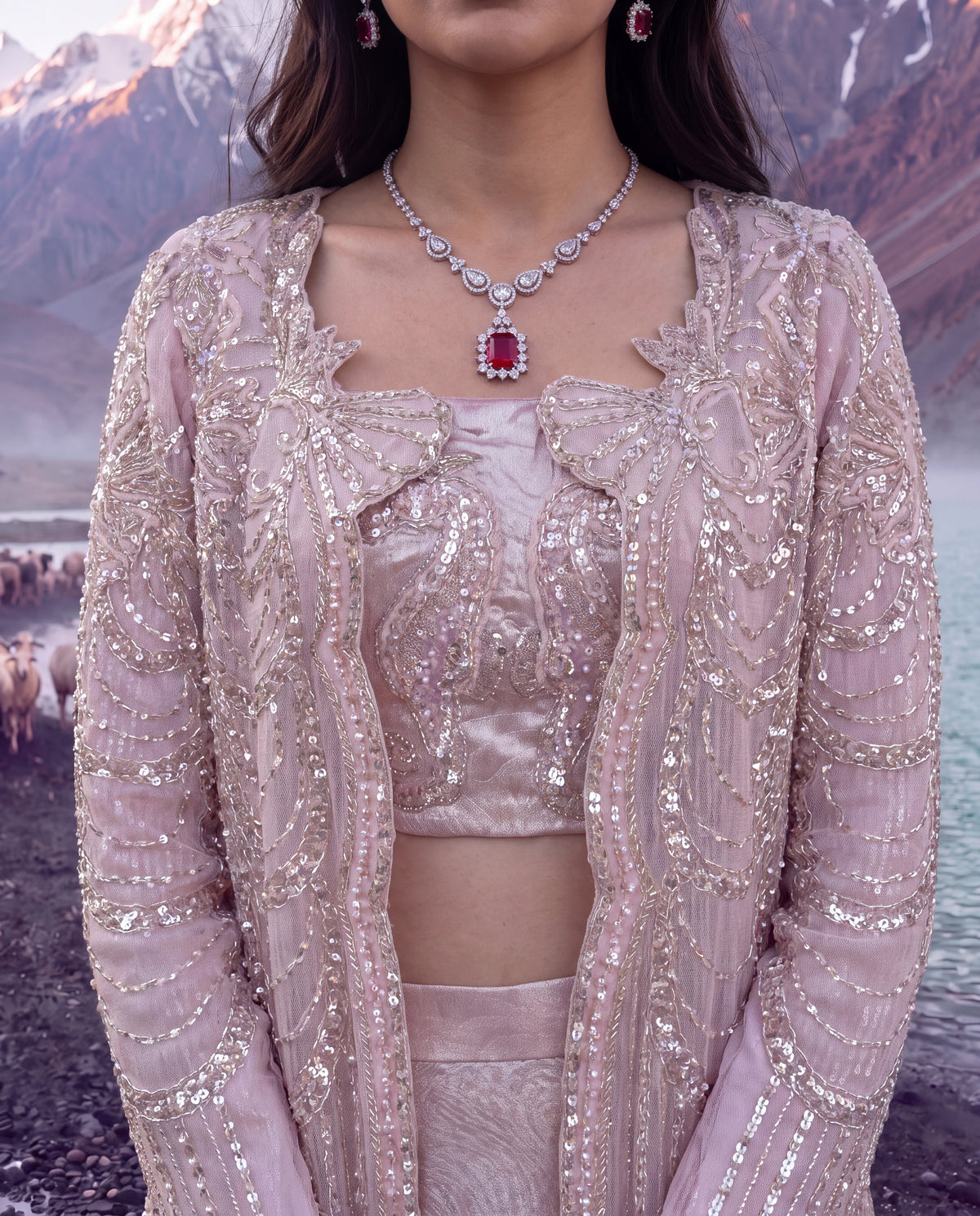 Divine Pearl Net Embroidered Jacket Set