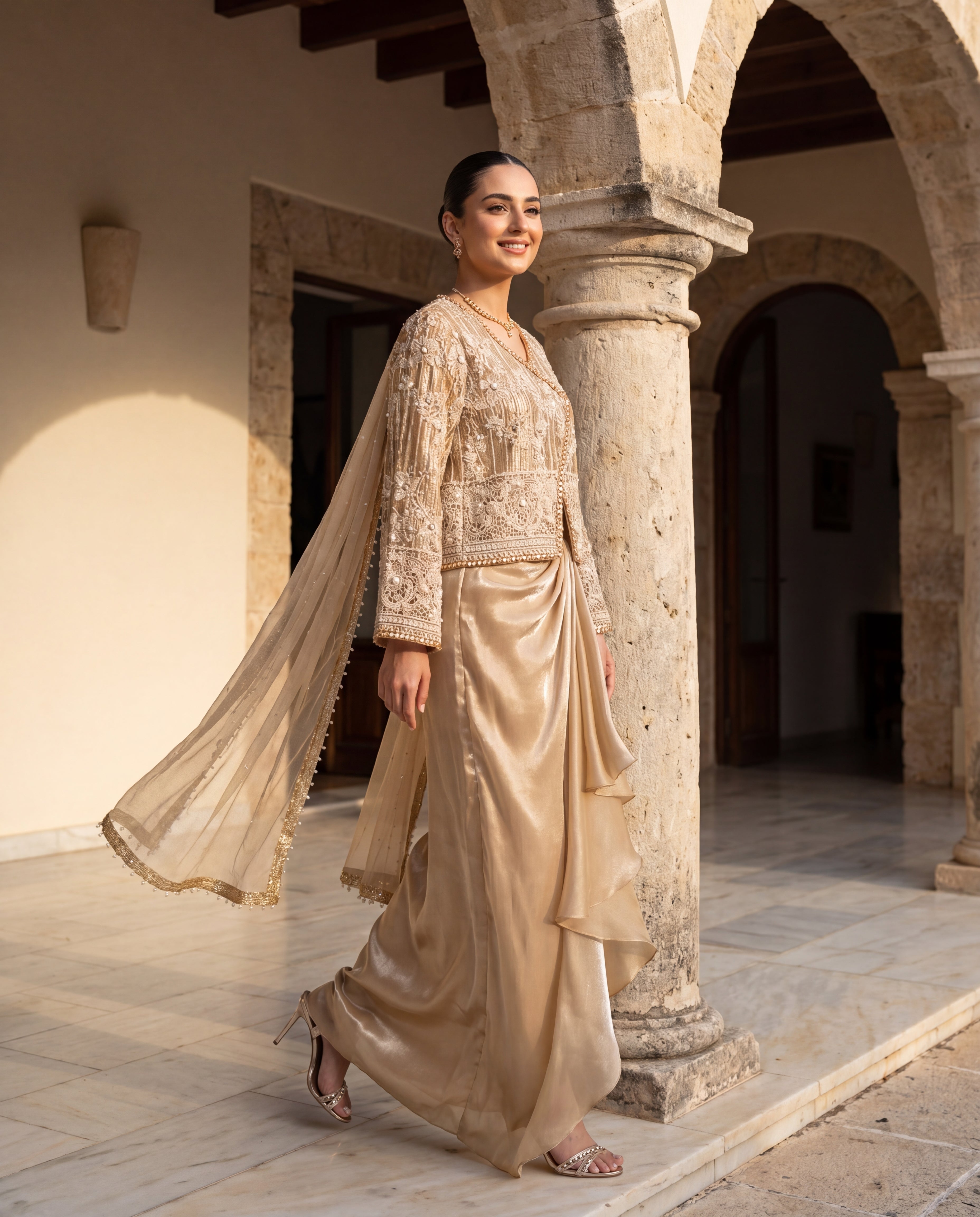 The Gilded Amber Organza Jacket & Pleated Skirt Set