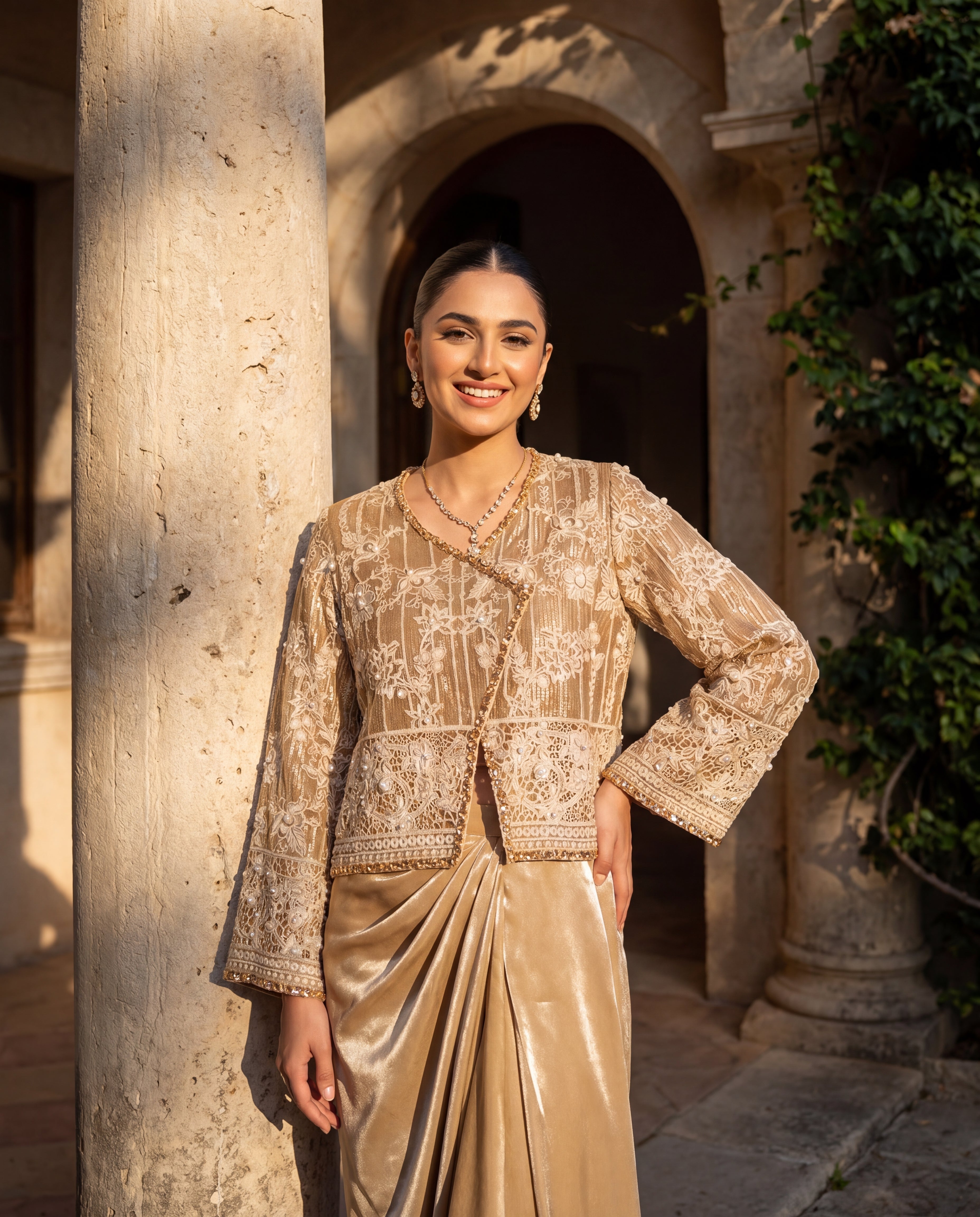 The Gilded Amber Organza Jacket & Pleated Skirt Set