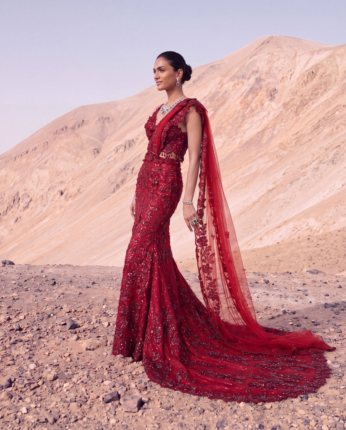 Unstitched Deep Ruby Floral Embroidered Skirt Saree