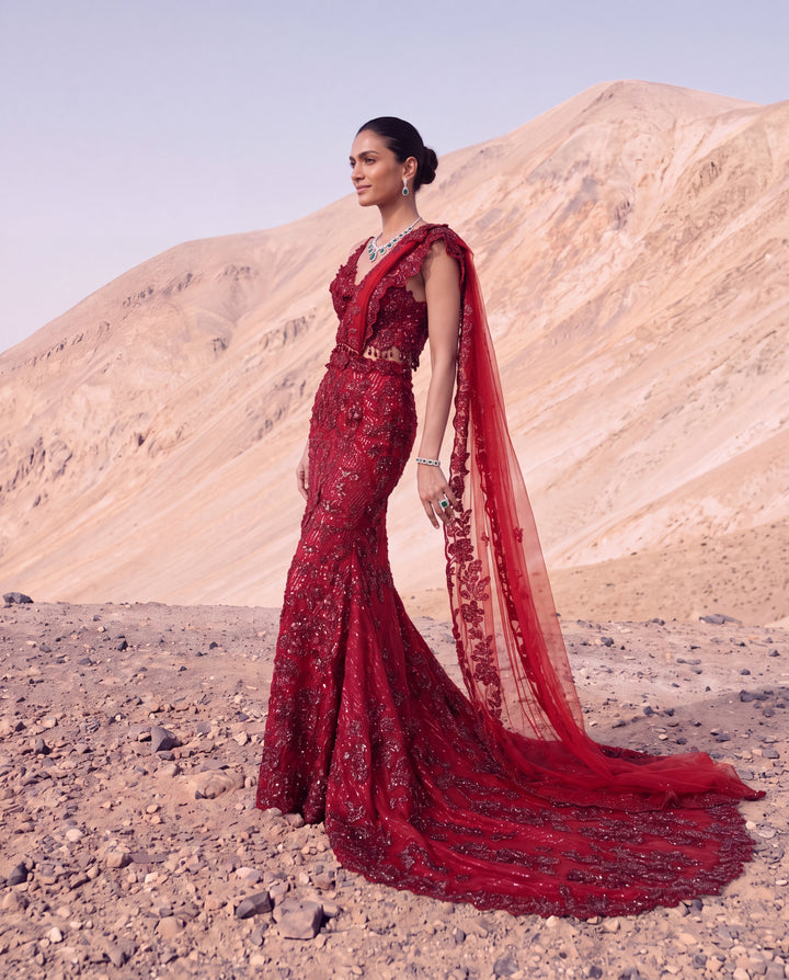 Deep Ruby Floral Embroidered Skirt Saree