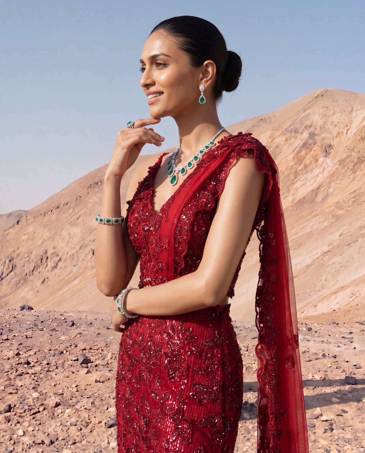 Unstitched Deep Ruby Floral Embroidered Skirt Saree