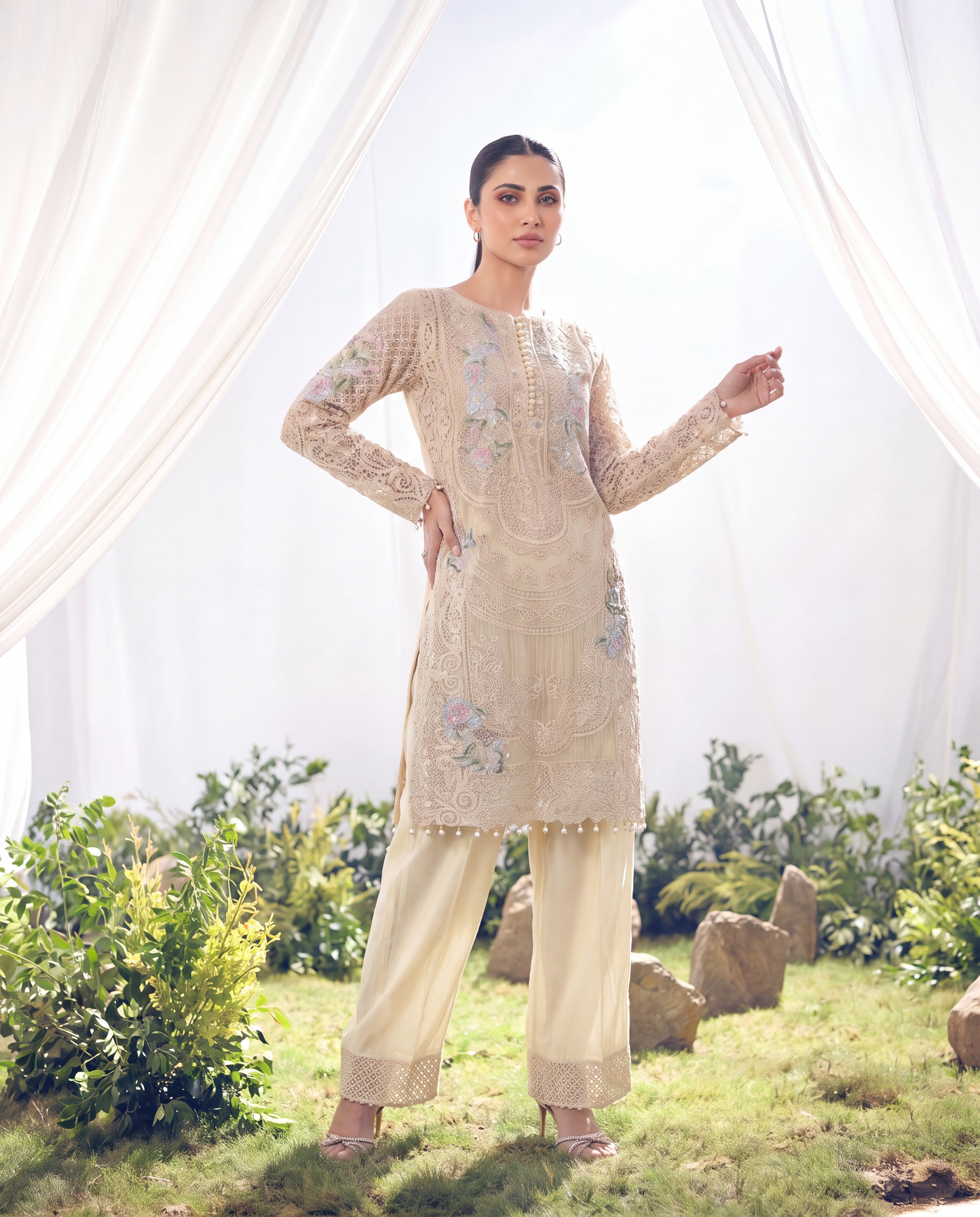Ivory Whisper Floral Cutwork Ensemble