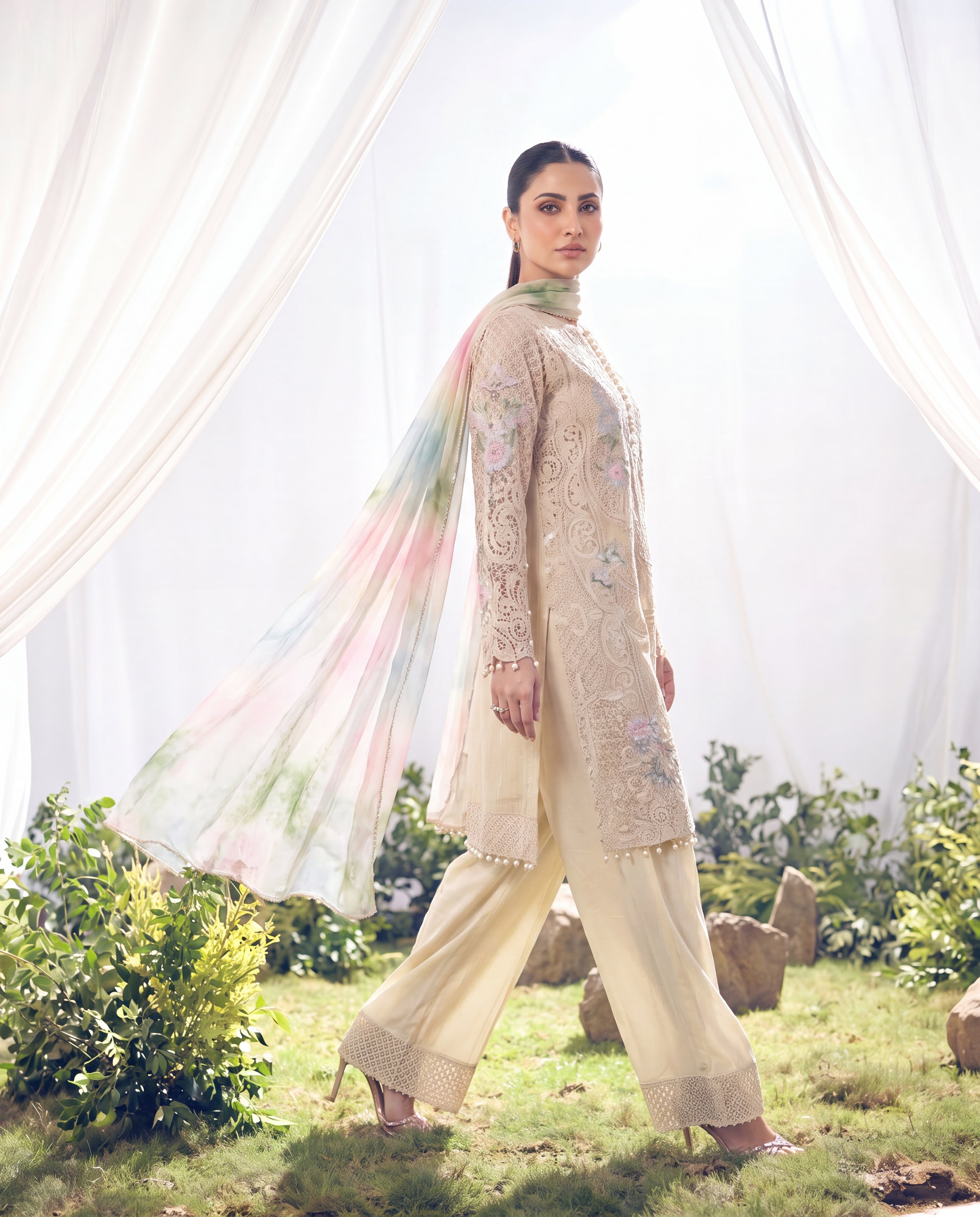 Ivory Whisper Floral Cutwork Ensemble