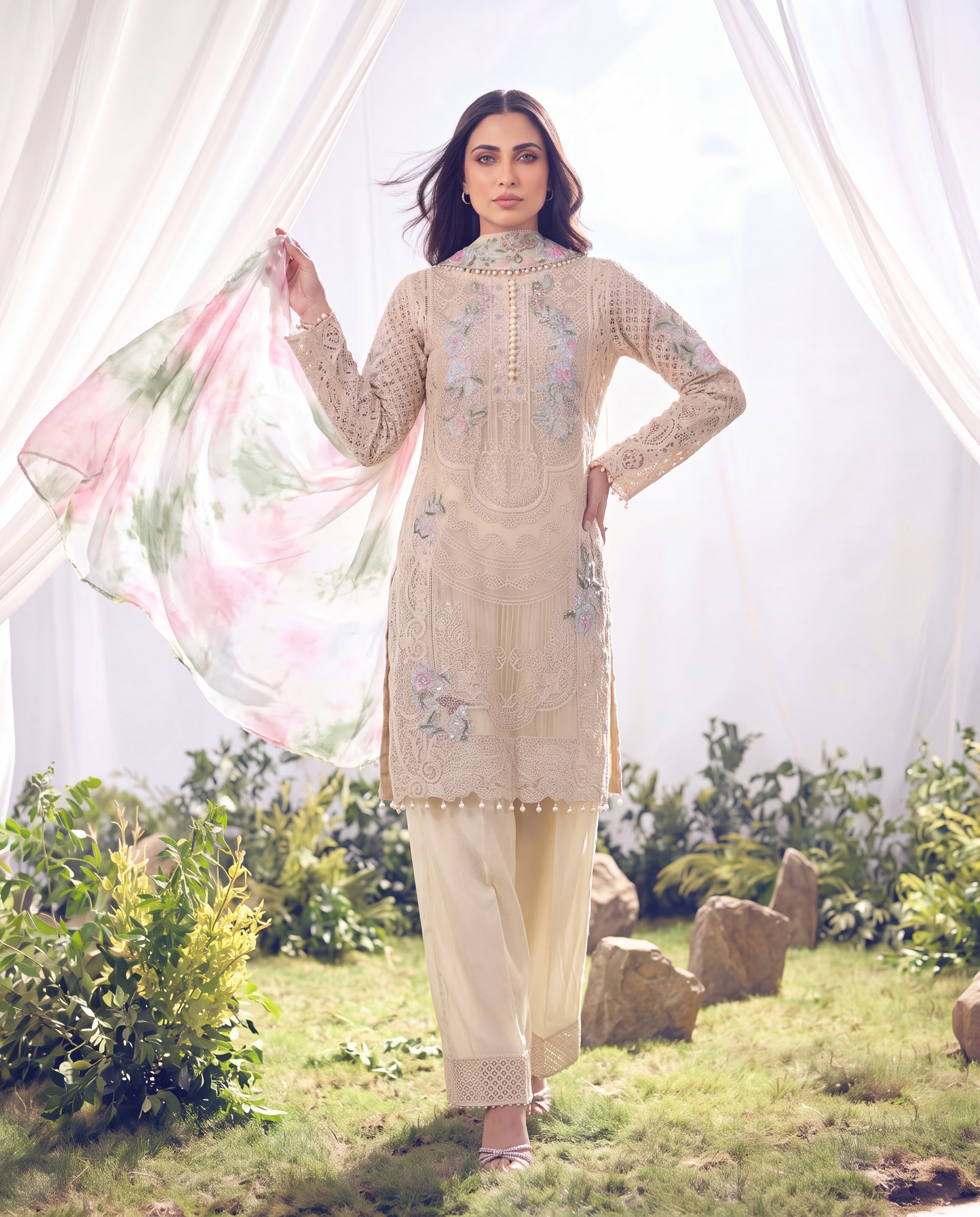 Ivory Whisper Floral Cutwork Ensemble
